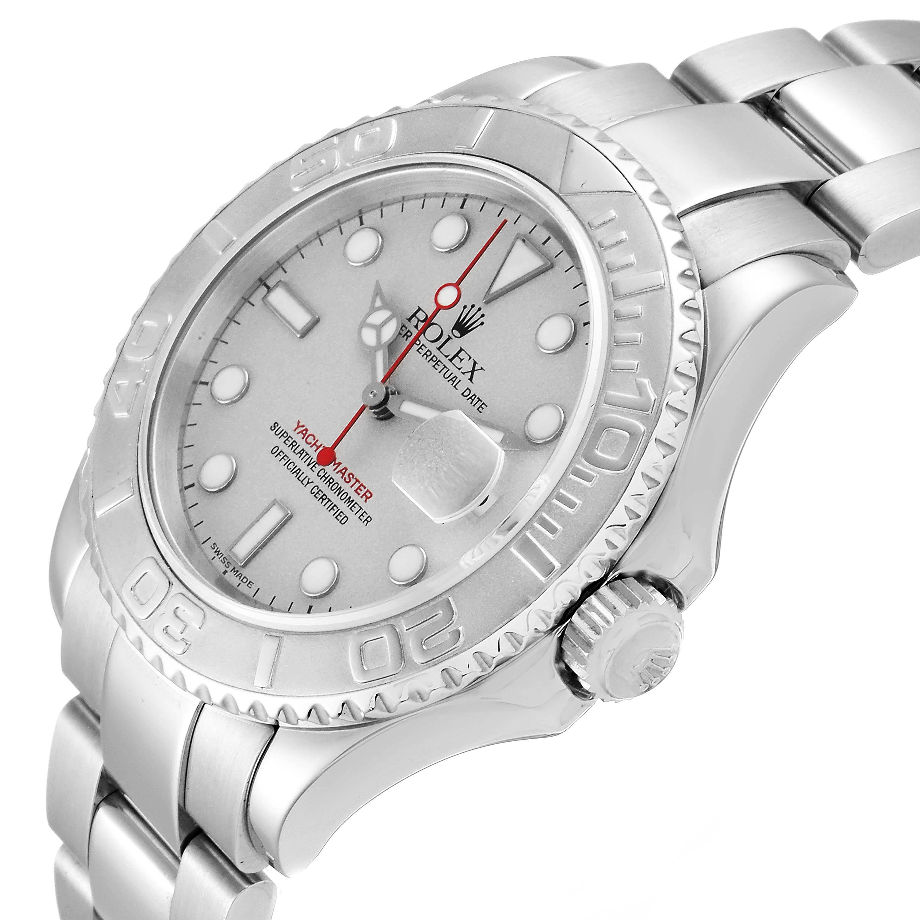 This Rolex Yacht-Master 16622 Men
s Stainless Steel Silver Dial 16622 Men
s Stainless Steel Silver Dial watch is shown at an angled close-up, highlighting the dial, bezel, and partial bracelet.