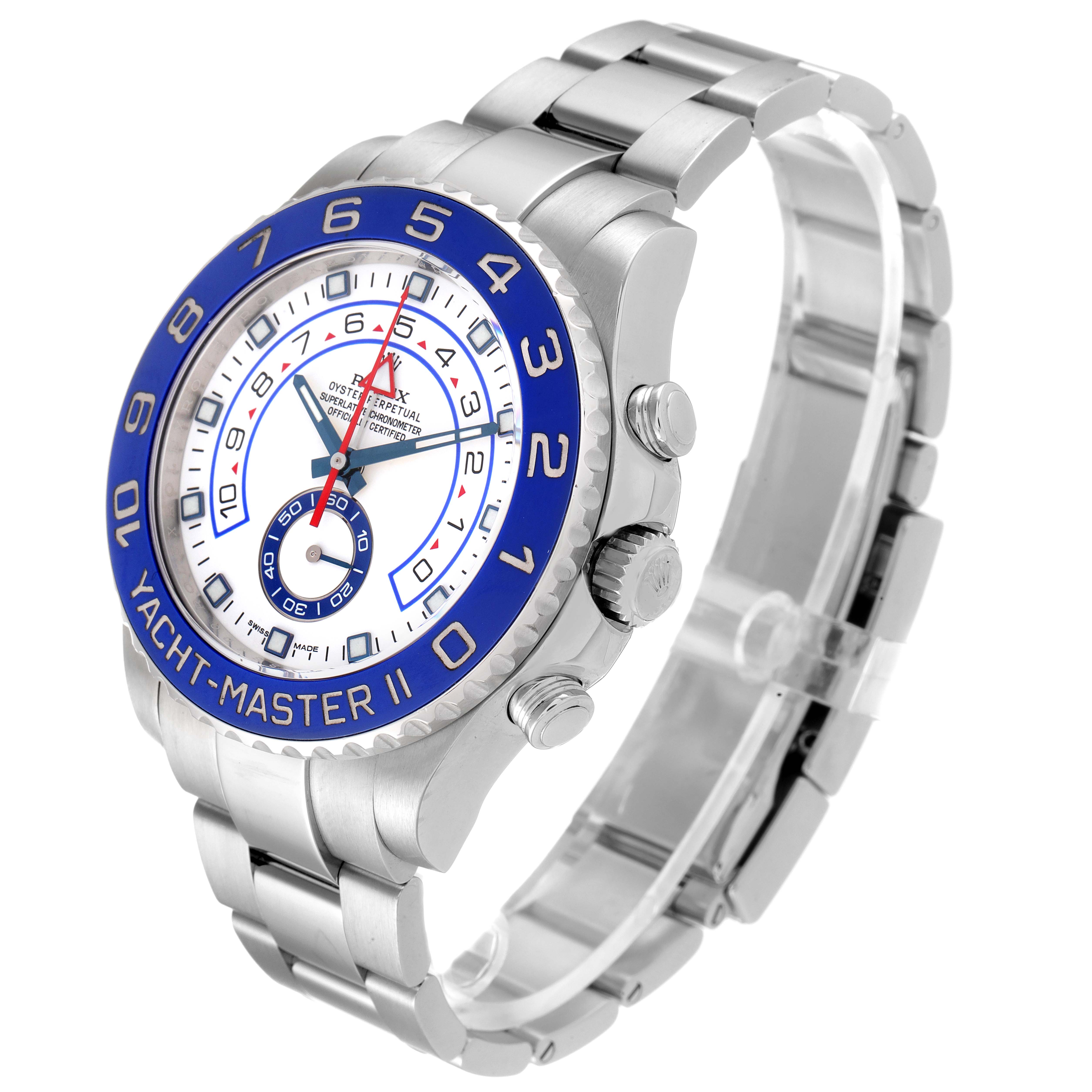 The image shows a Rolex Yacht-Master 116680 Men's Stainless Steel White Dial 116680 Men's Stainless Steel White Dial II watch at an angled view, highlighting the face, bezel, crown, and metal strap.