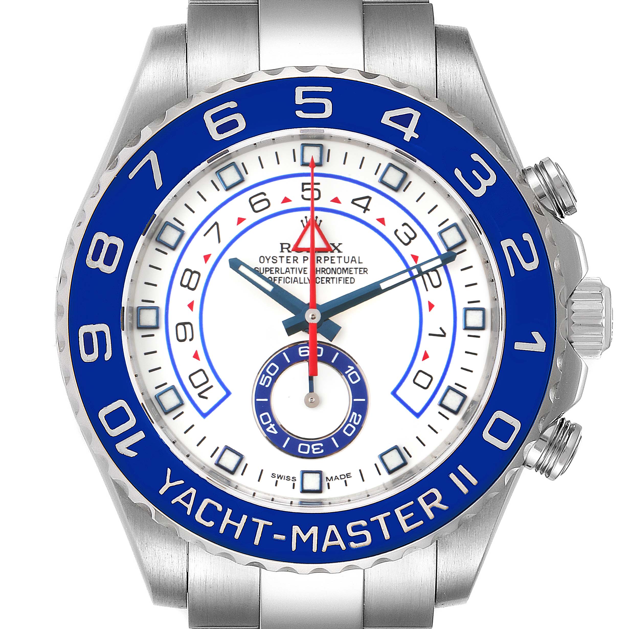 The Yacht-Master model by Rolex is shown from a front angle, highlighting the bezel, dial, hands, and crown.