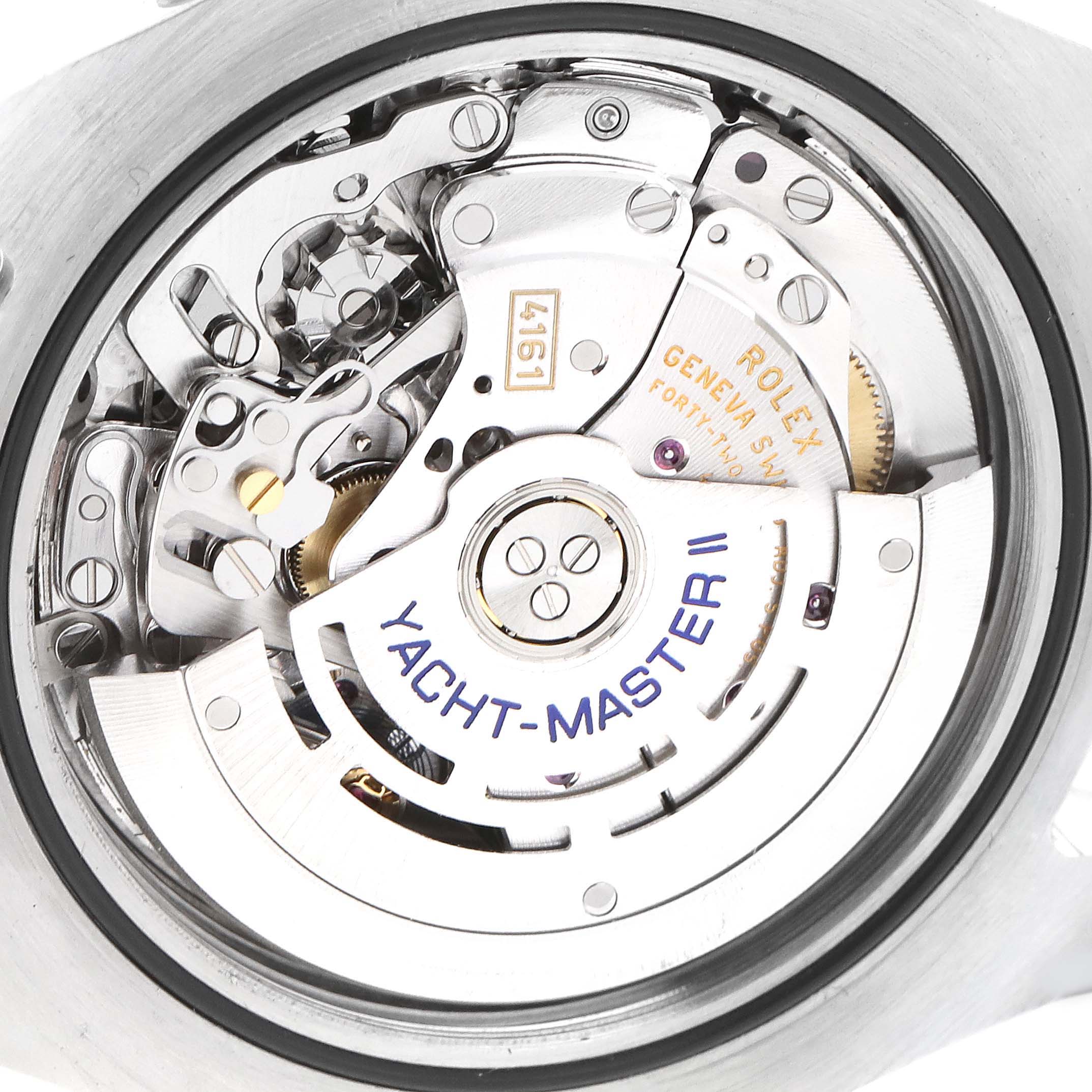 This image shows a close-up of the movement mechanism of a Rolex Yacht-Master 116680 Men's Stainless Steel White Dial 116680 Men's Stainless Steel White Dial II watch.