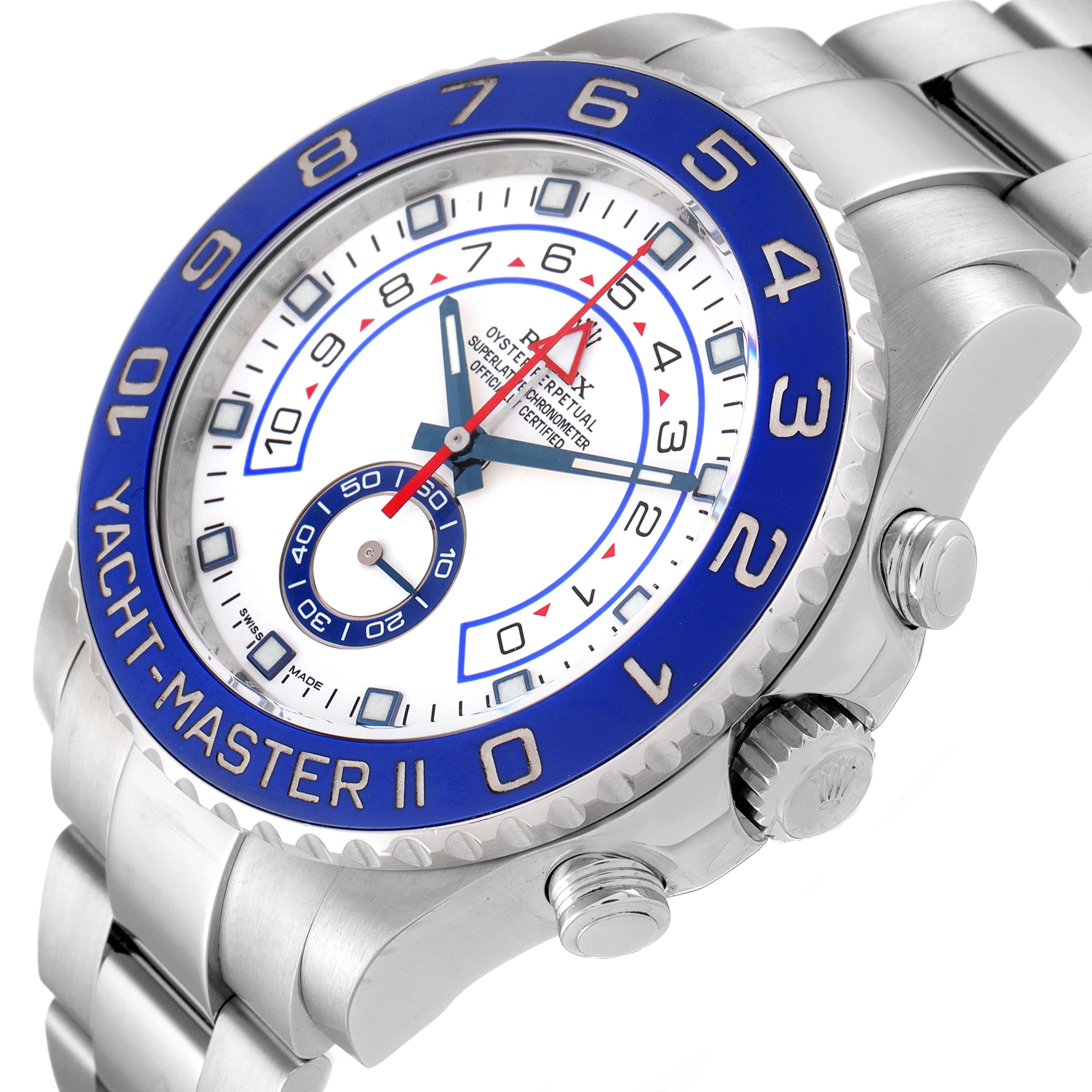 The image shows a close-up angle of a Rolex Yacht-Master 116680 Men's Stainless Steel White Dial 116680 Men's Stainless Steel White Dial II watch, highlighting its bezel, face, crown, and bracelet.