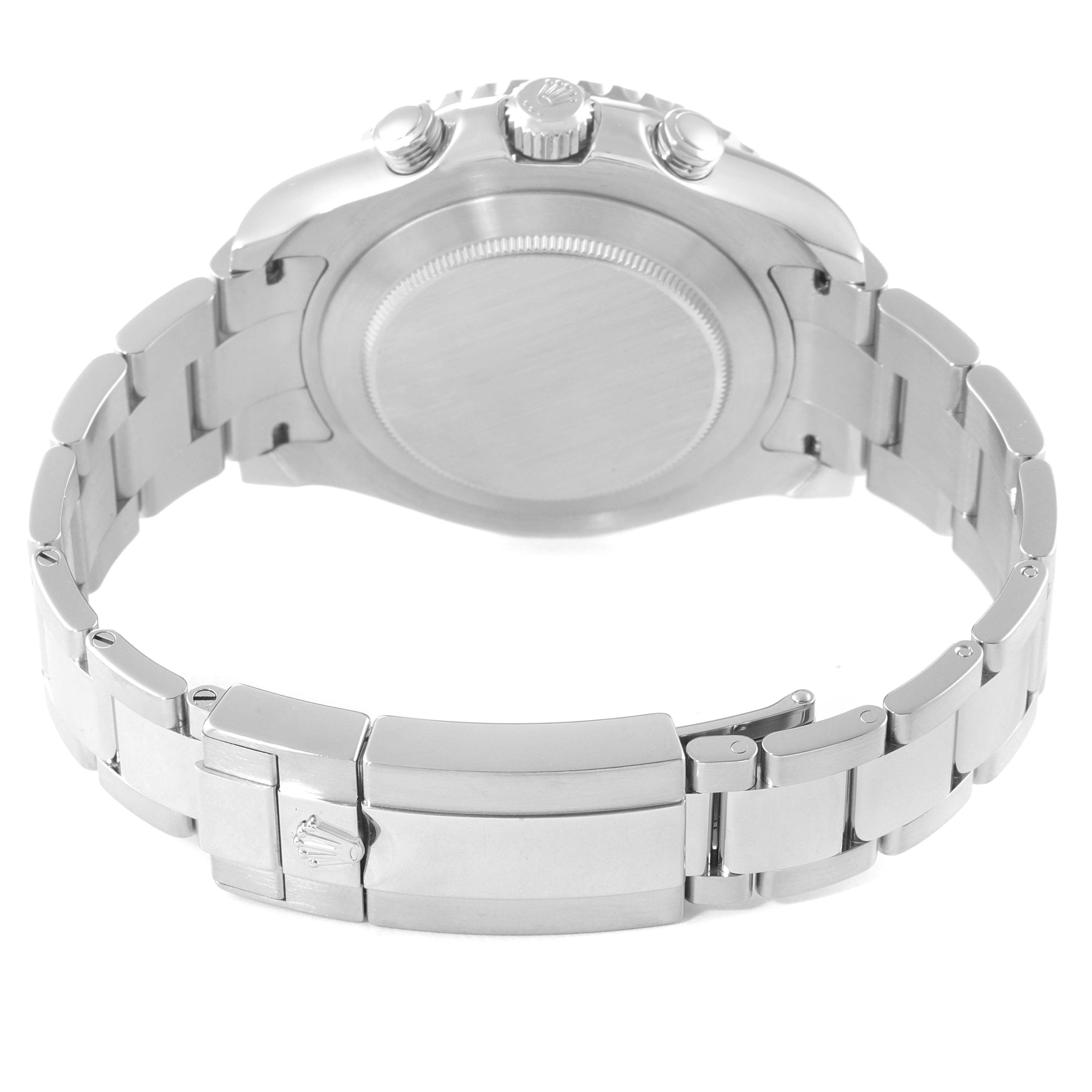 The image shows the back and side of the Rolex Yacht-Master 116680 Men's Stainless Steel White Dial 116680 Men's Stainless Steel White Dial watch, highlighting the clasp and bracelet.