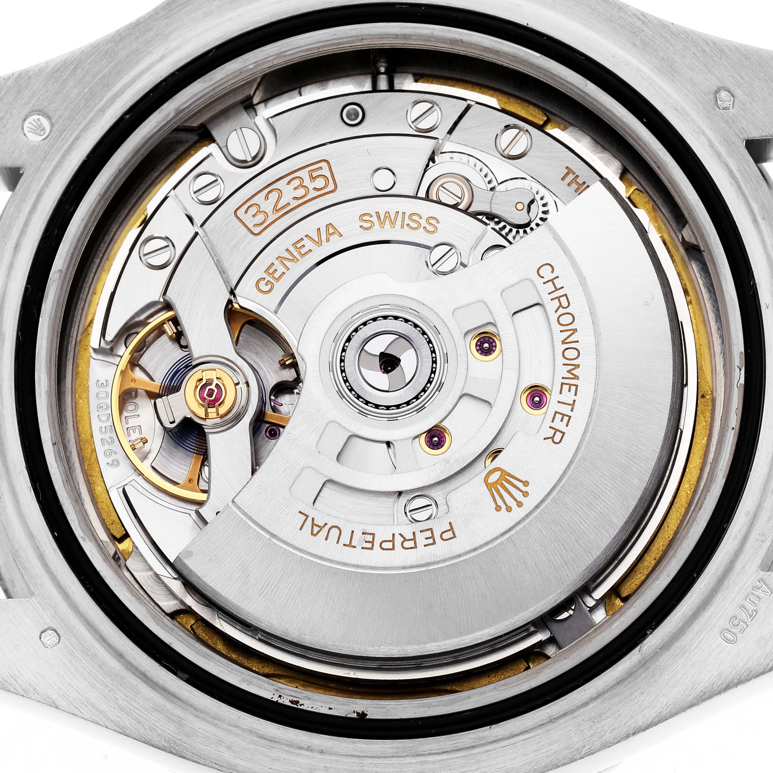The image shows the back view of a Rolex Yacht-Master 226659 Men's White Gold Black Dial's movement, highlighting its intricate mechanical components.