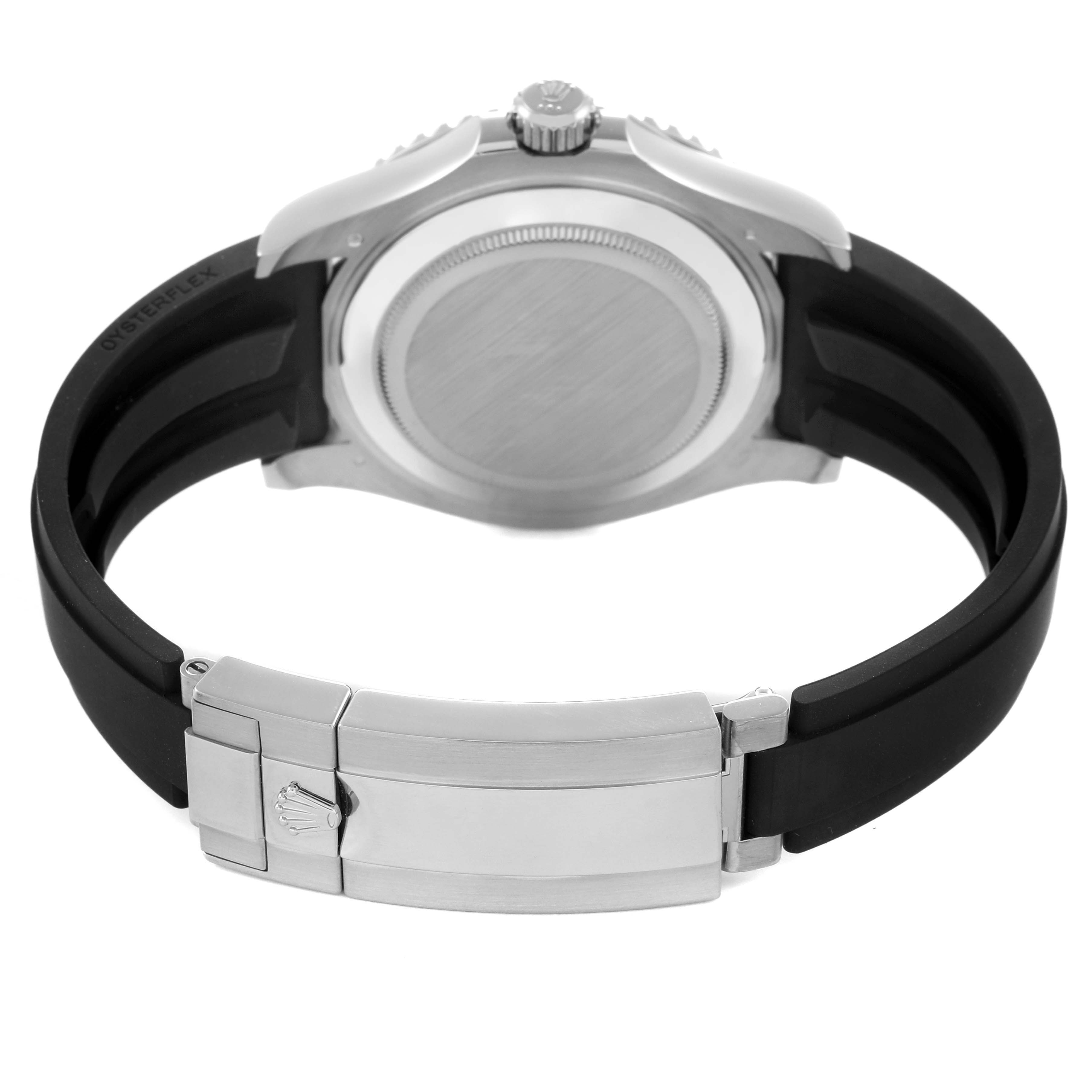 The image shows the back view of a Rolex Yacht-Master 226659 Men's White Gold Black Dial watch, highlighting the case back, crown, and Oysterflex bracelet with a clasp.