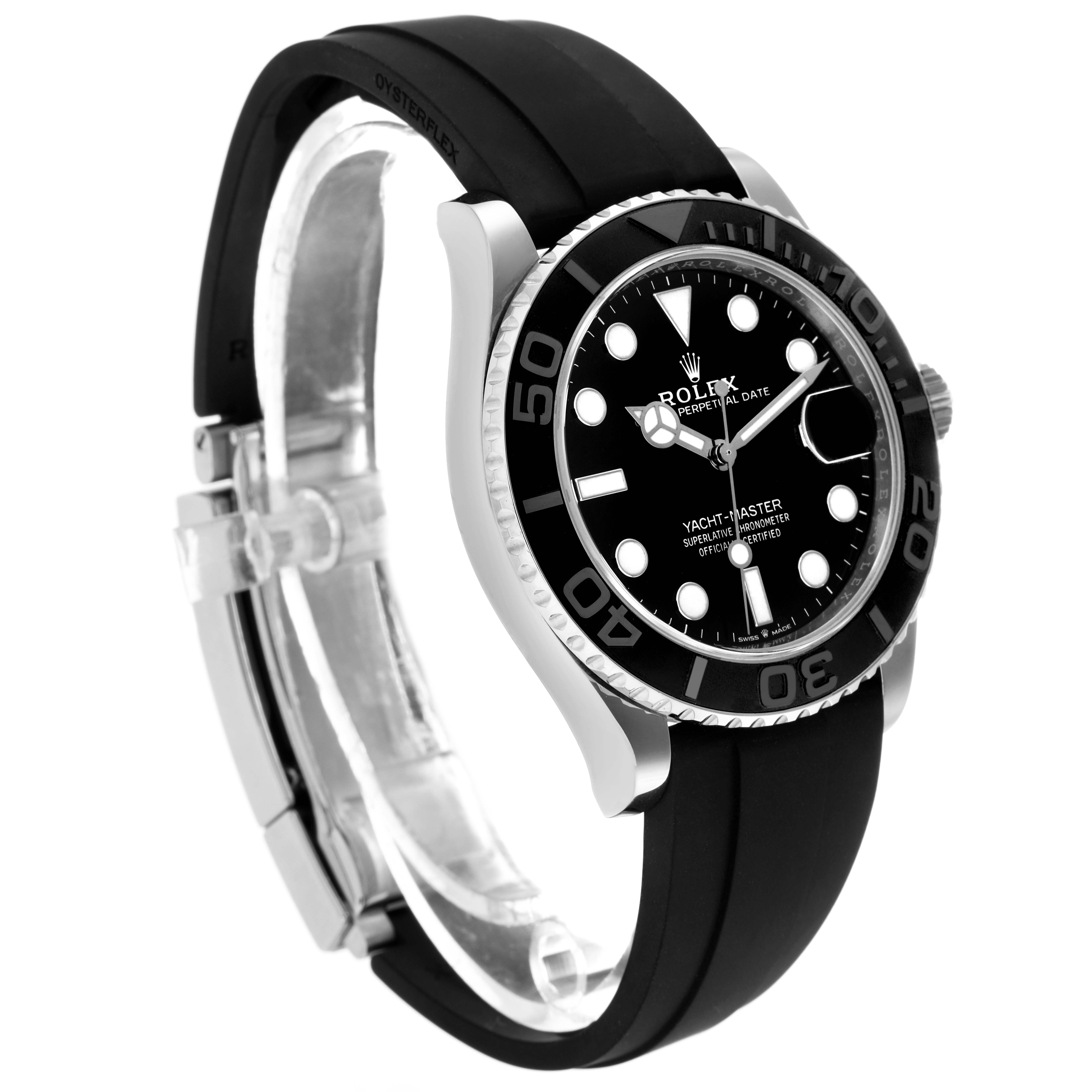 The Rolex Yacht-Master 226659 Men's White Gold Black Dial is shown at a slight side angle, featuring the bezel, dial, and black rubber strap.
