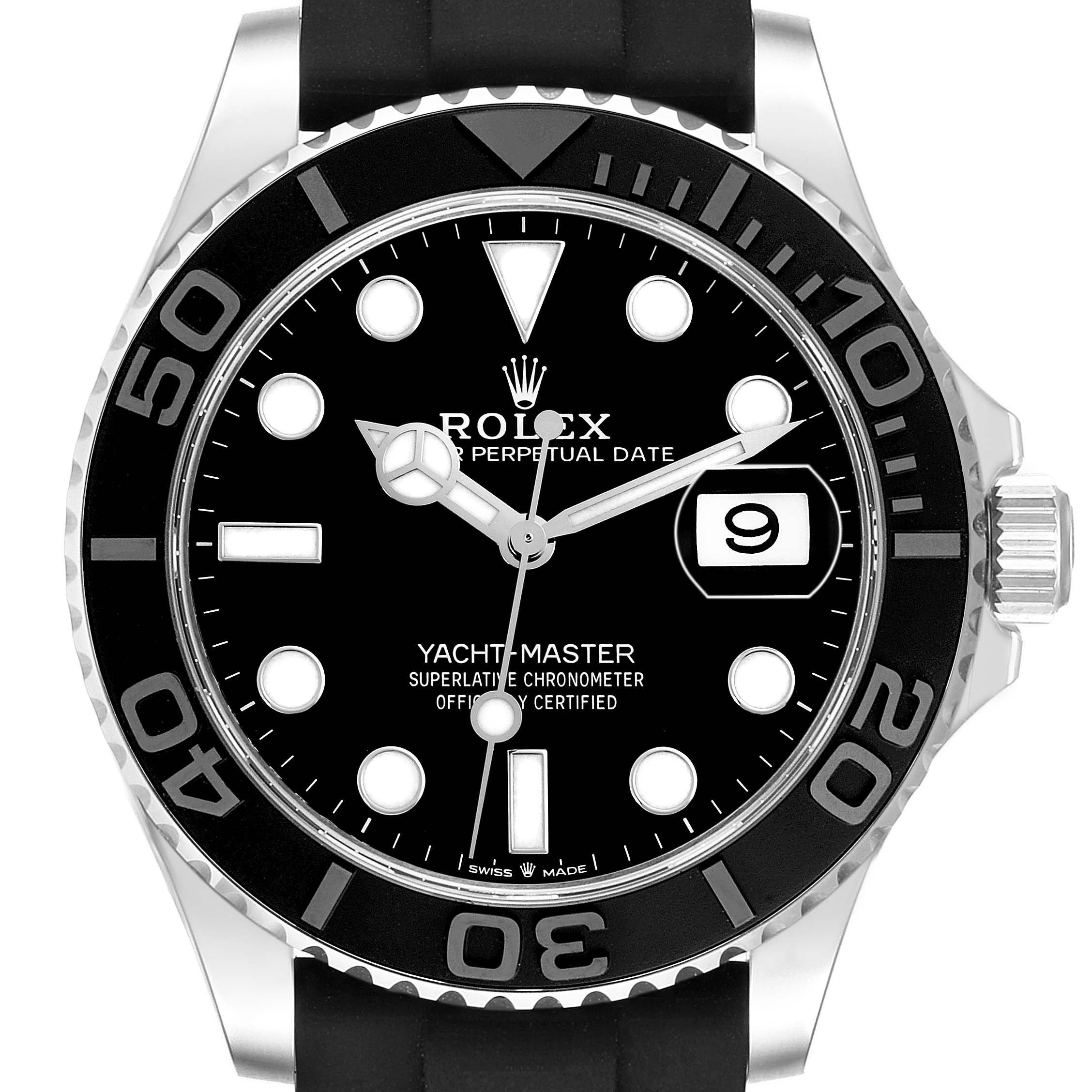 The Rolex Yacht-Master 226659 Men's White Gold Black Dial watch is shown from the front, displaying its black dial, bezel, and date window.