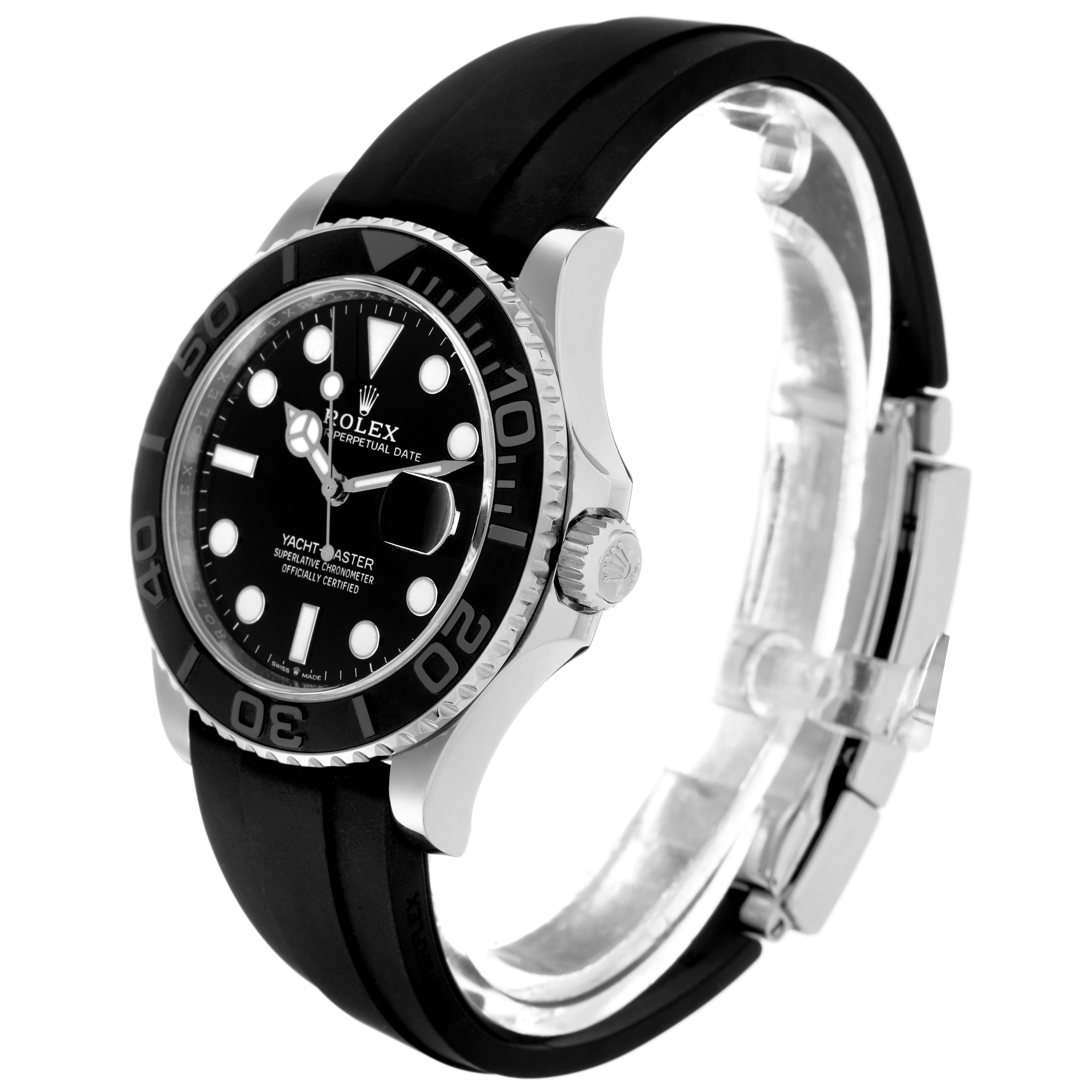The Rolex Yacht-Master 226659 Men's White Gold Black Dial watch is shown at a three-quarter angle, highlighting the black dial, bezel, crown, and rubber strap.