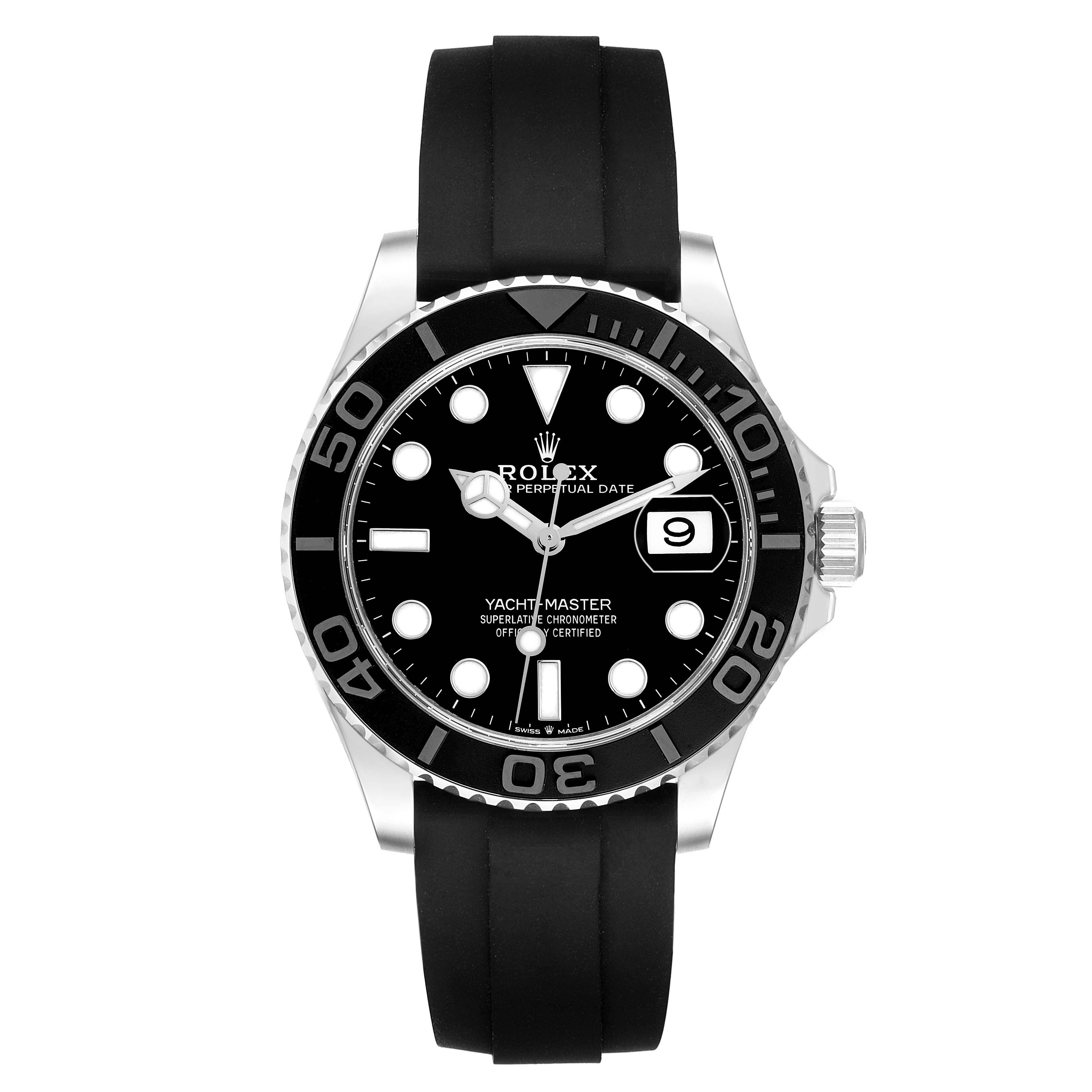 The Rolex Yacht-Master 226659 Men's White Gold Black Dial watch is shown from a top-down angle, highlighting the dial, bezel, and bracelet.