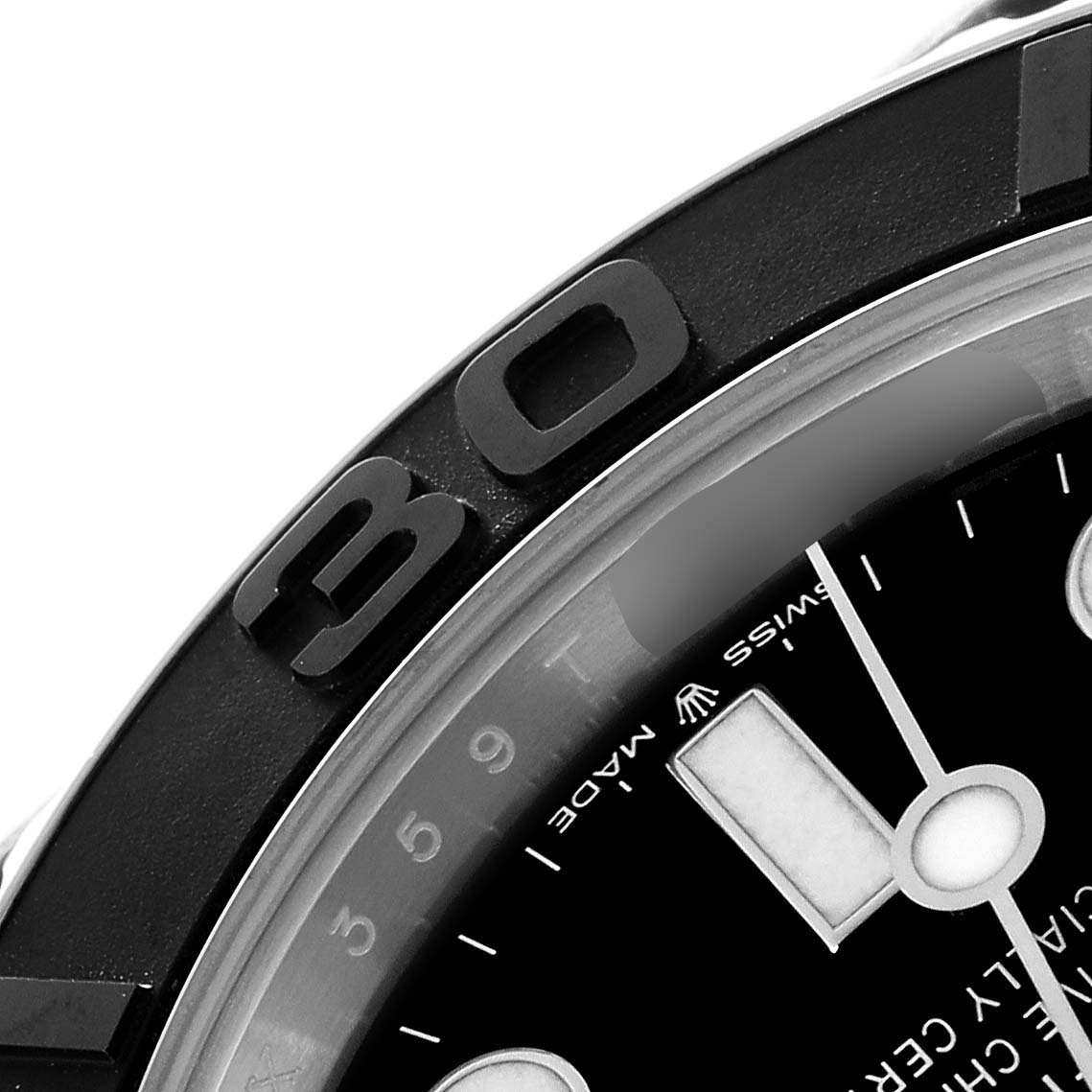 The image shows a close-up of the bezel, dial, and minute hand of a Rolex Yacht-Master 226659 Men's White Gold Black Dial watch.