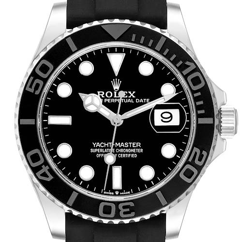 The Rolex Yacht-Master 226659 Men's White Gold Black Dial watch is shown from a frontal angle, highlighting the bezel, dial, and date window.