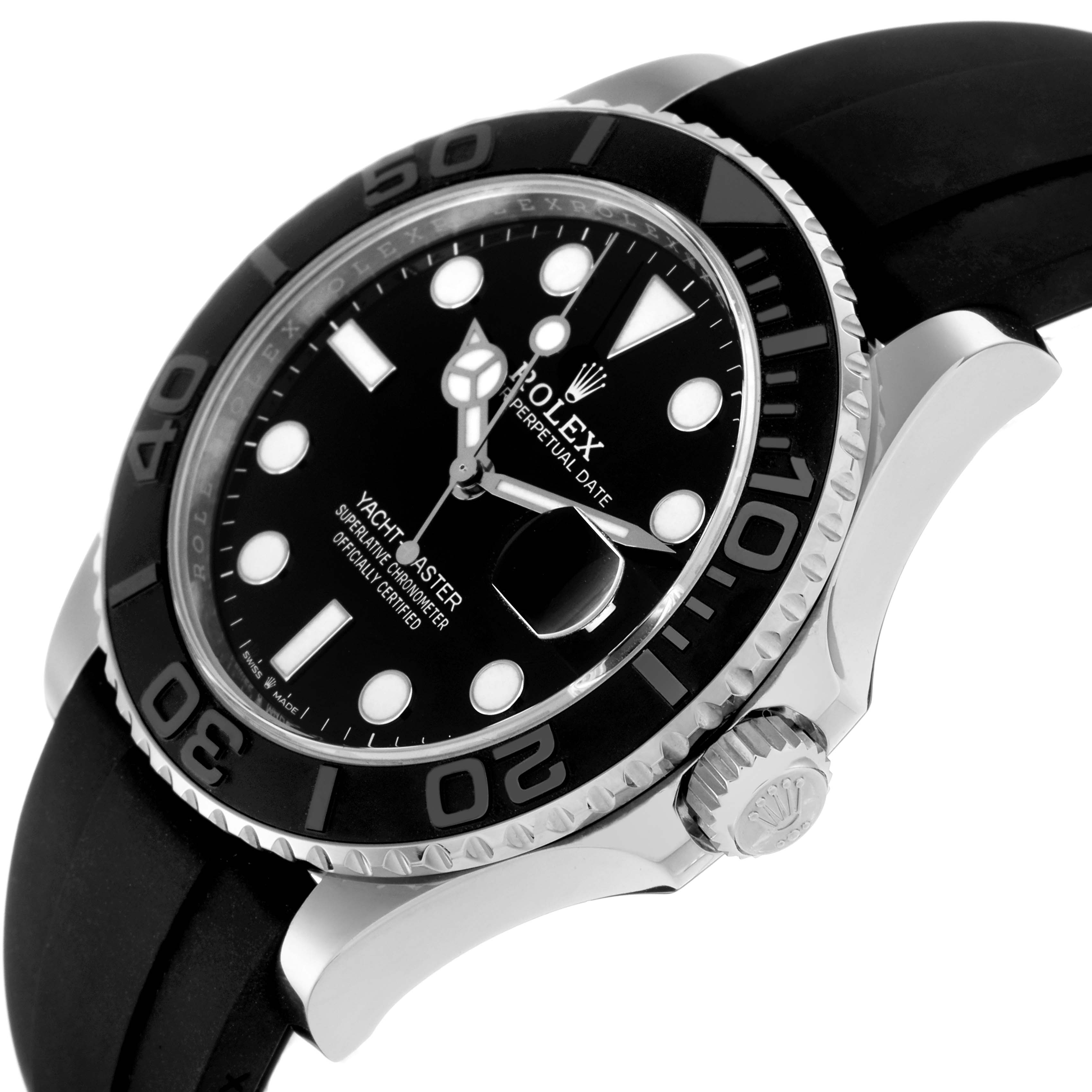 The Rolex Yacht-Master 226659 Men's White Gold Black Dial is shown at a three-quarter angle, highlighting the bezel, dial, crown, and rubber strap.