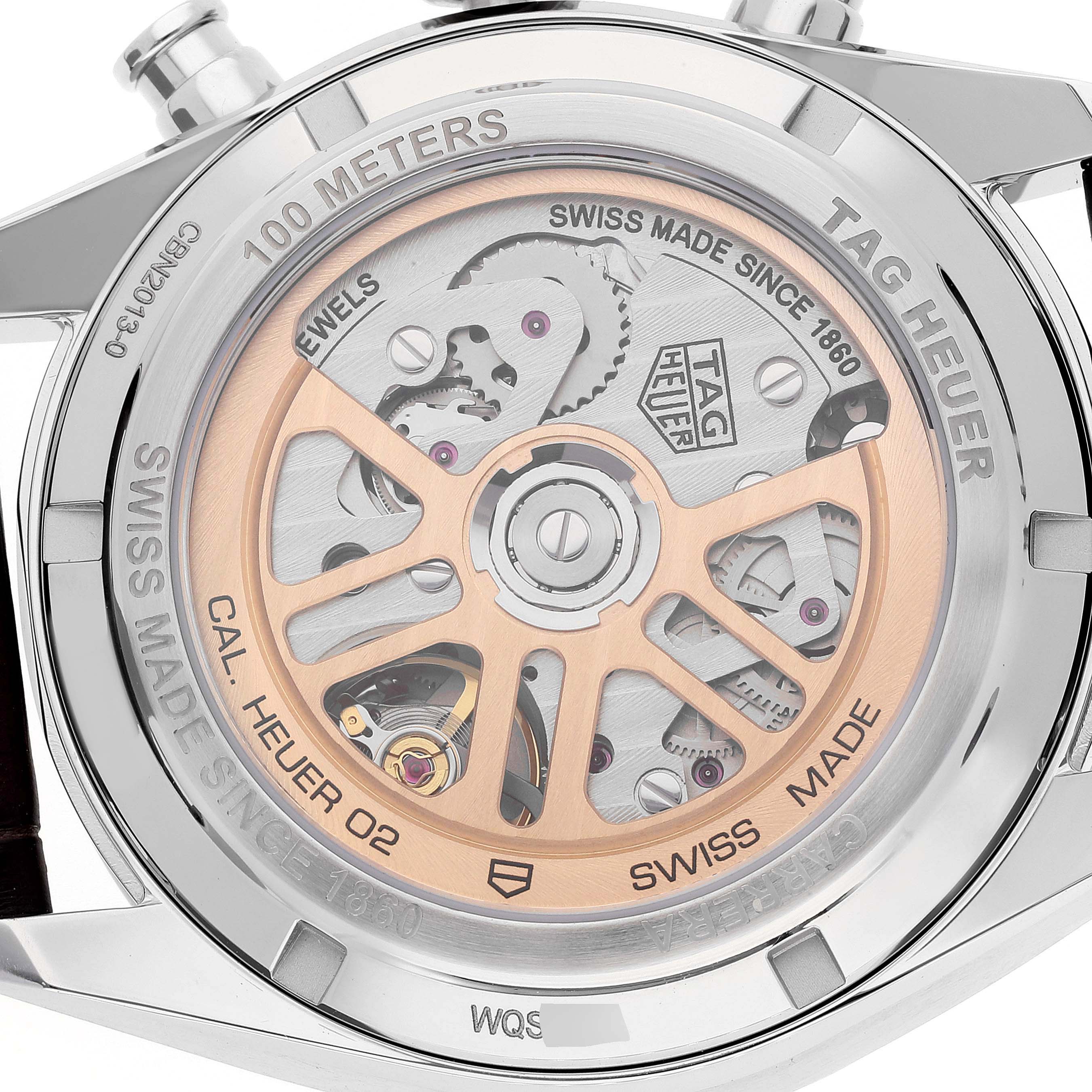 This image shows the case back of a Tag Heuer Carrera CBN2013.FC6483 Men's Stainless Steel White Dial CBN2013.FC6483 Men's Stainless Steel White Dial watch, highlighting its movement and transparent back.