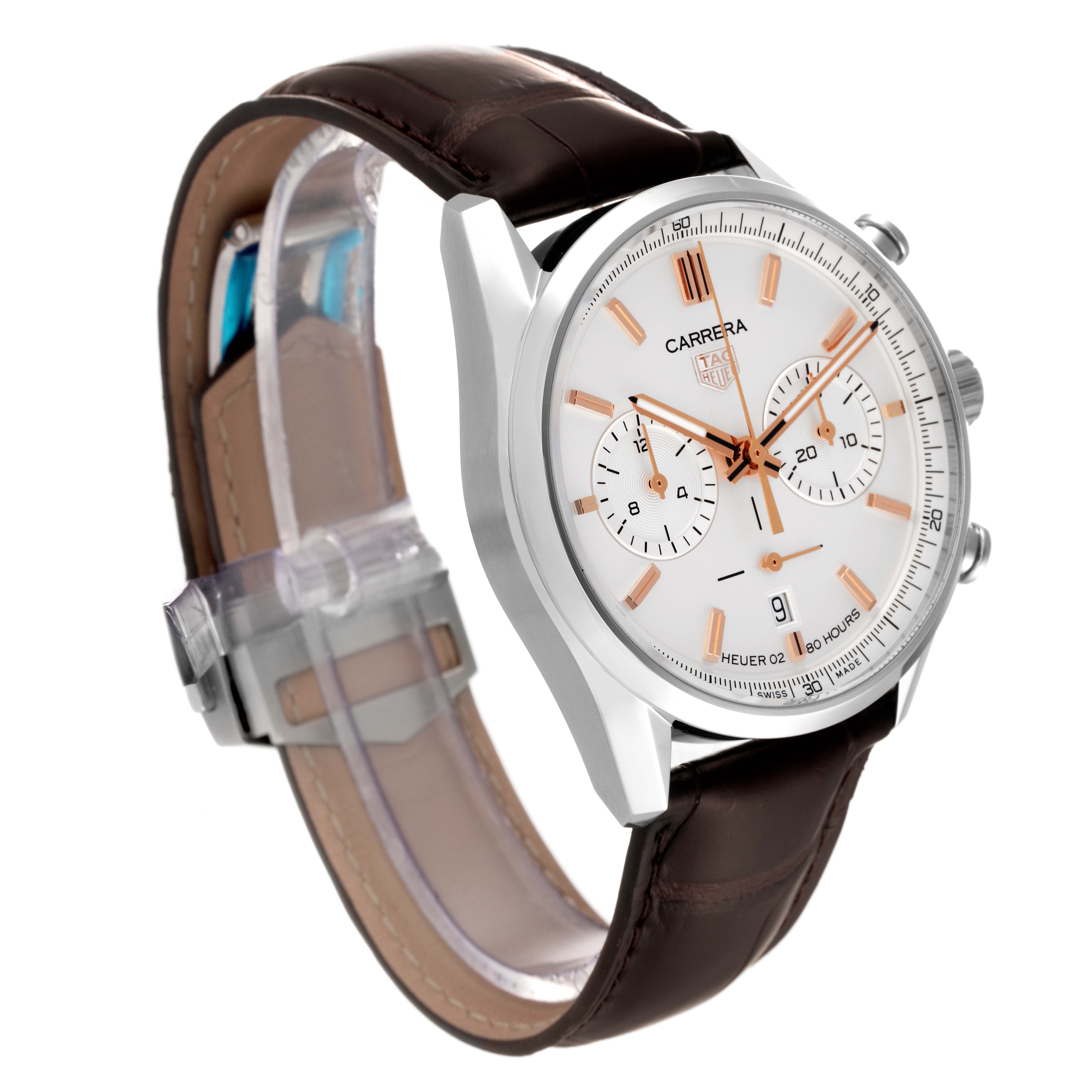 The Carrera model by Tag Heuer is shown from an angled side view, displaying the face, crown, pushers, and part of the strap.