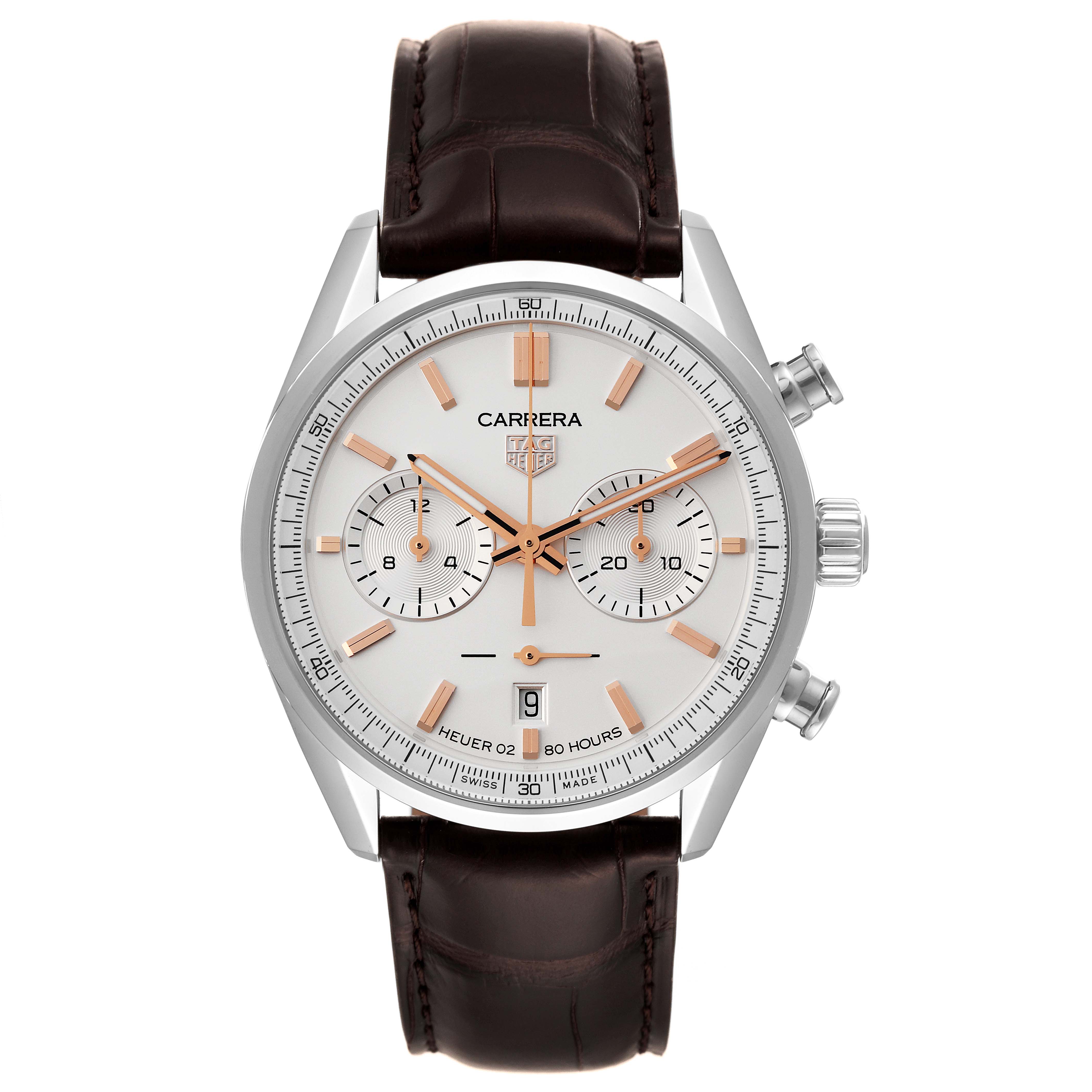 The image shows a front view of the Tag Heuer Carrera CBN2013.FC6483 Men's Stainless Steel White Dial CBN2013.FC6483 Men's Stainless Steel White Dial watch, highlighting its dial, subdials, crown, and leather strap.