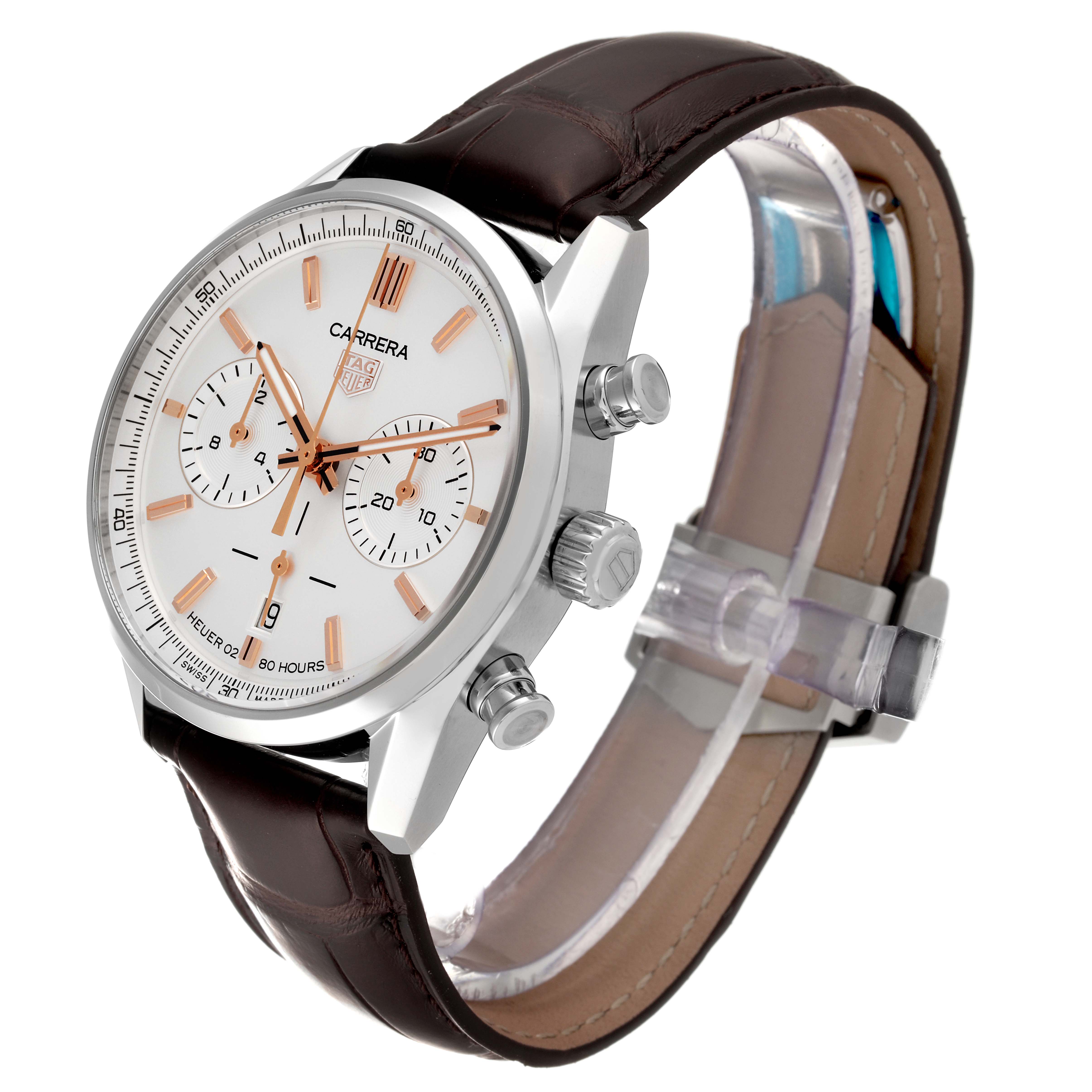 The Tag Heuer Carrera CBN2013.FC6483 Men's Stainless Steel White Dial CBN2013.FC6483 Men's Stainless Steel White Dial watch is shown at a three-quarter angle displaying the face, crown, pushers, and brown leather strap.