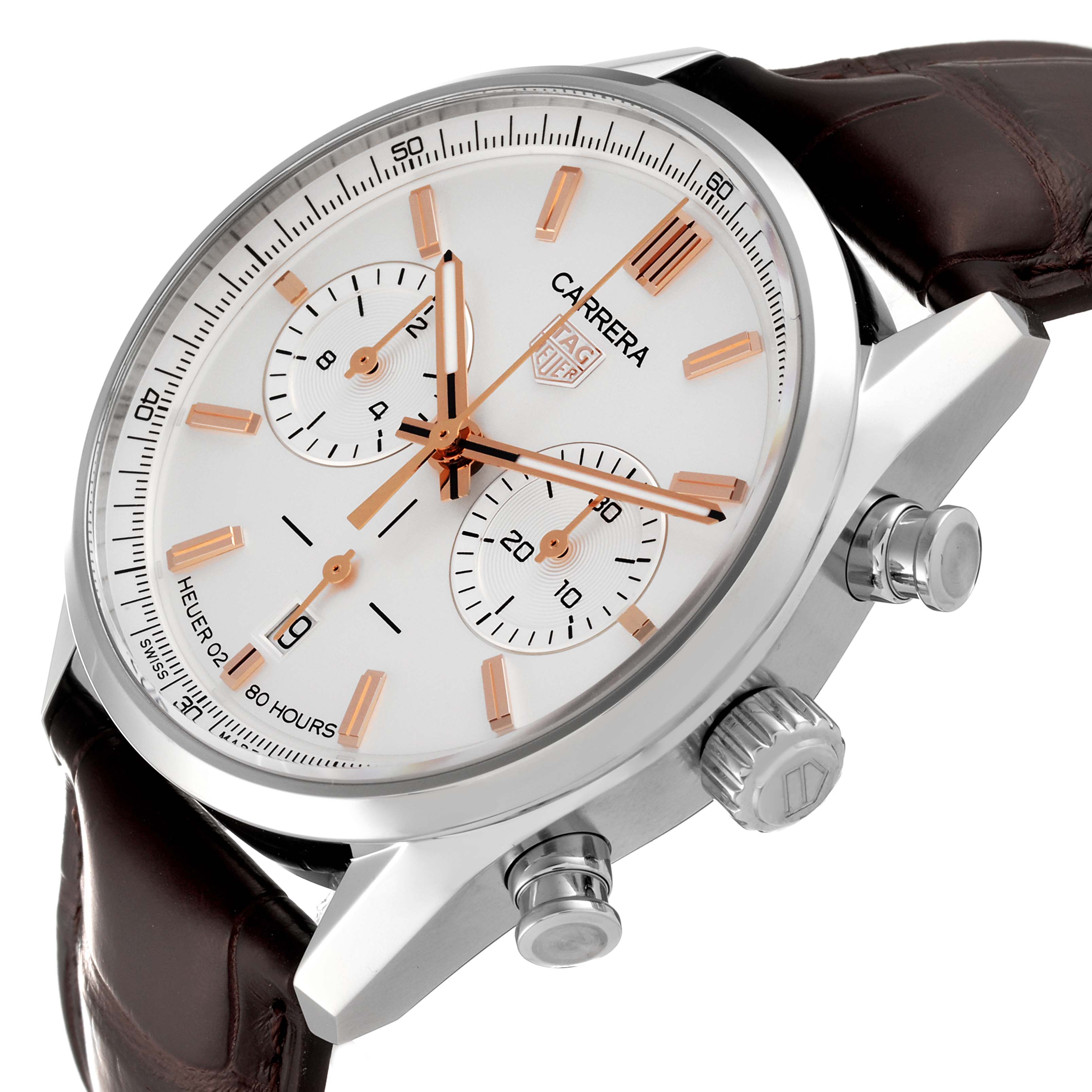 The image shows a close-up of the face and side view of the Carrera model by Tag Heuer, highlighting its chronograph sub-dials, crown, and pushers.