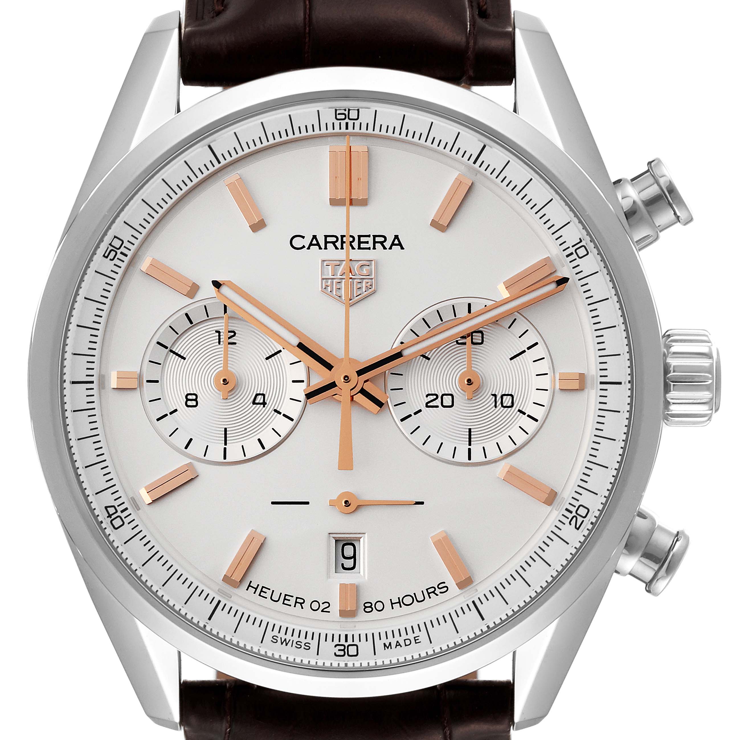 The image shows a front view of the Tag Heuer Carrera CBN2013.FC6483 Men's Stainless Steel White Dial CBN2013.FC6483 Men's Stainless Steel White Dial watch, highlighting the dial, sub-dials, hands, and crown.