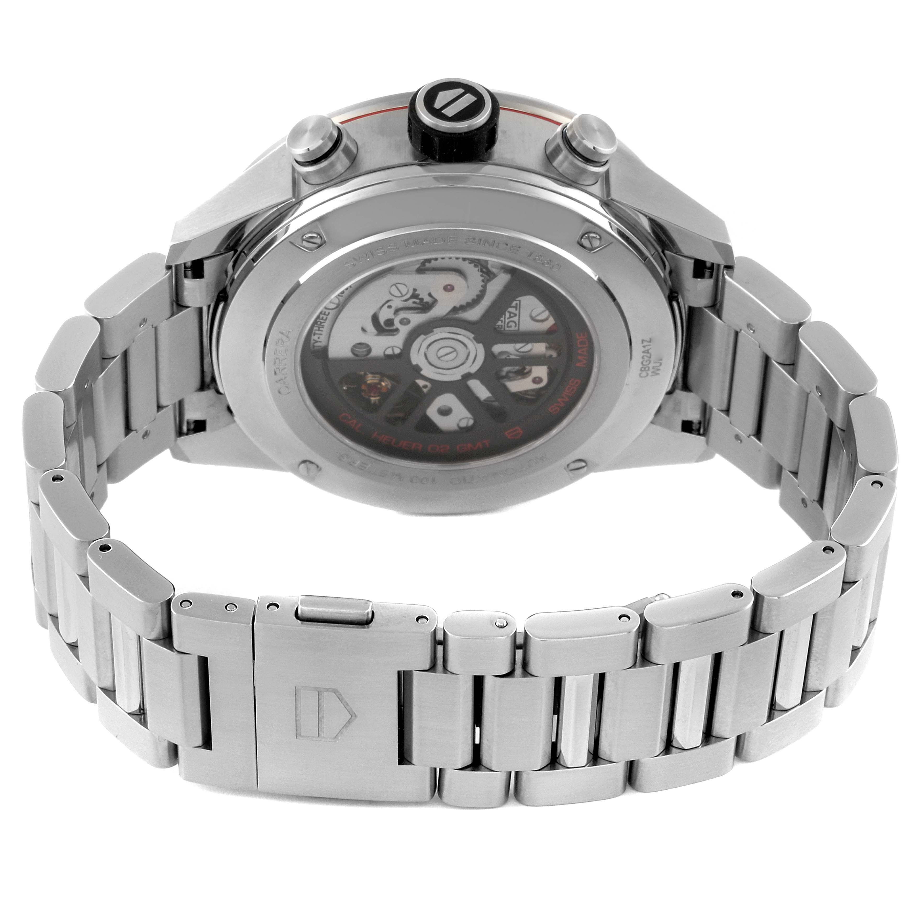 The image shows the back view of a Tag Heuer Carrera CBG2A1Z.BA0658 Men's Stainless Steel Black Dial CBG2A1Z.BA0658 Men's Stainless Steel Black Dial watch, highlighting its case back and bracelet.