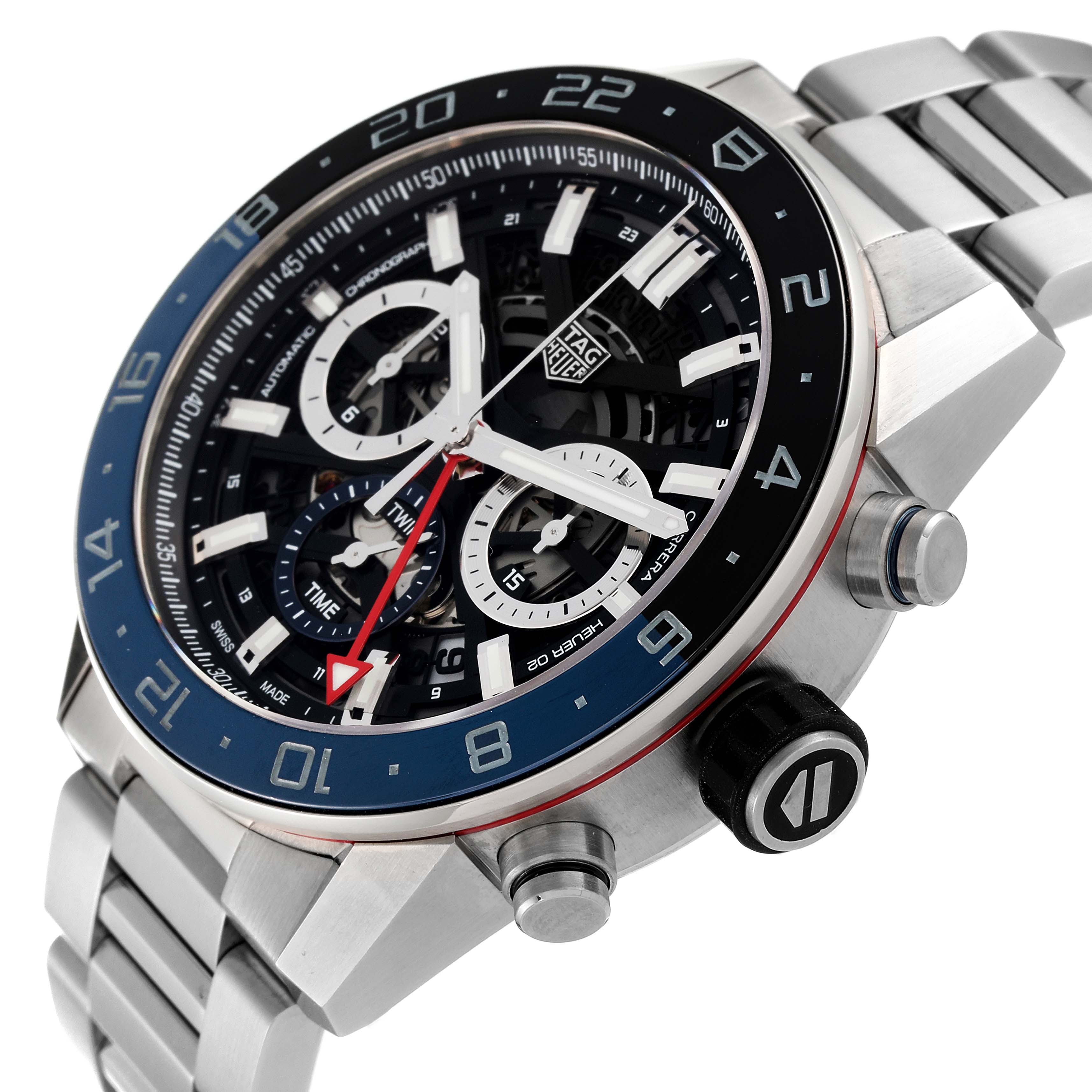 The image shows a close-up angle of a Tag Heuer Carrera CBG2A1Z.BA0658 Men's Stainless Steel Black Dial CBG2A1Z.BA0658 Men's Stainless Steel Black Dial watch, highlighting the face, bezel, crown, and part of the bracelet.