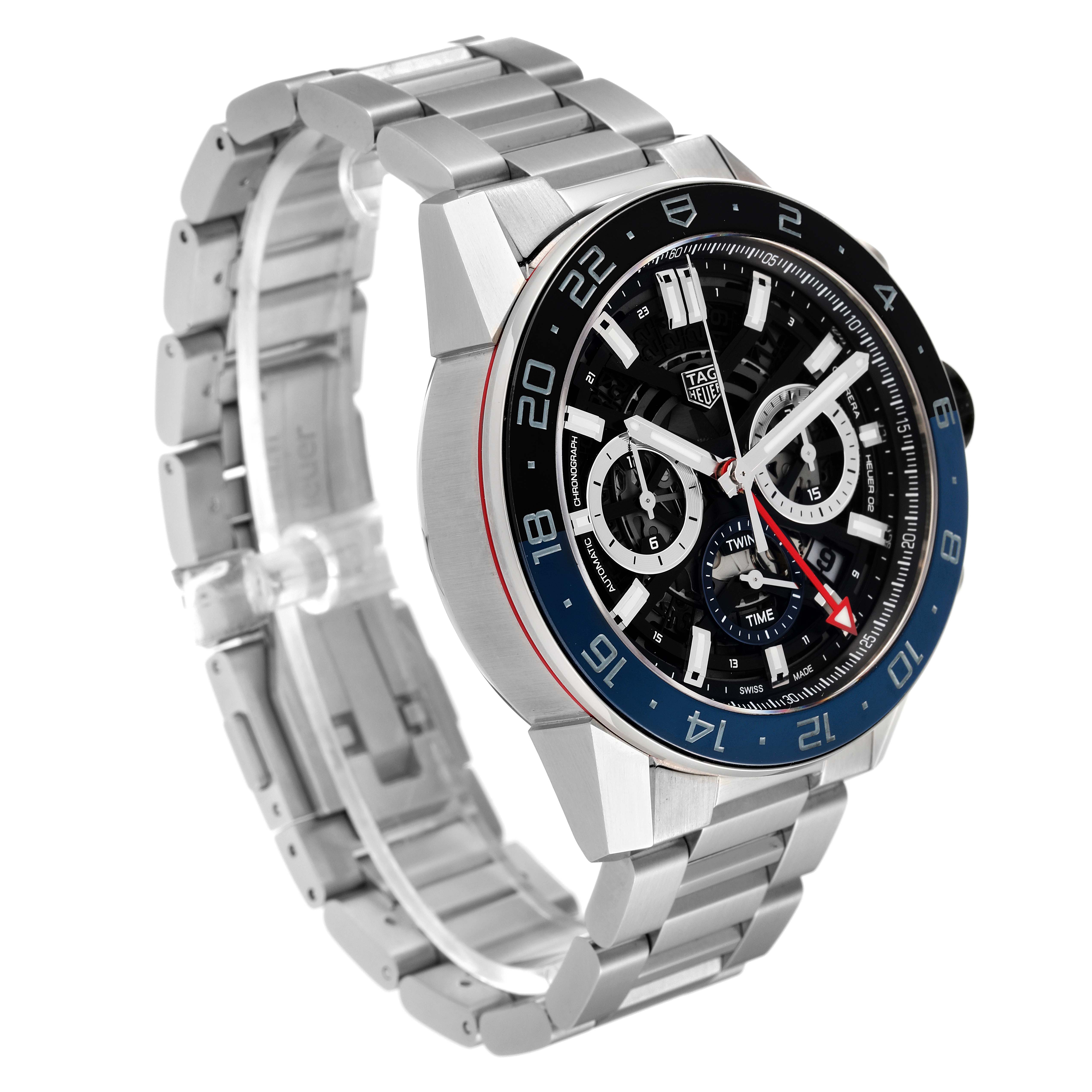 This image shows a Tag Heuer Carrera CBG2A1Z.BA0658 Men's Stainless Steel Black Dial CBG2A1Z.BA0658 Men's Stainless Steel Black Dial watch at a slight angle, highlighting its face, dial, bezel, and metal bracelet.