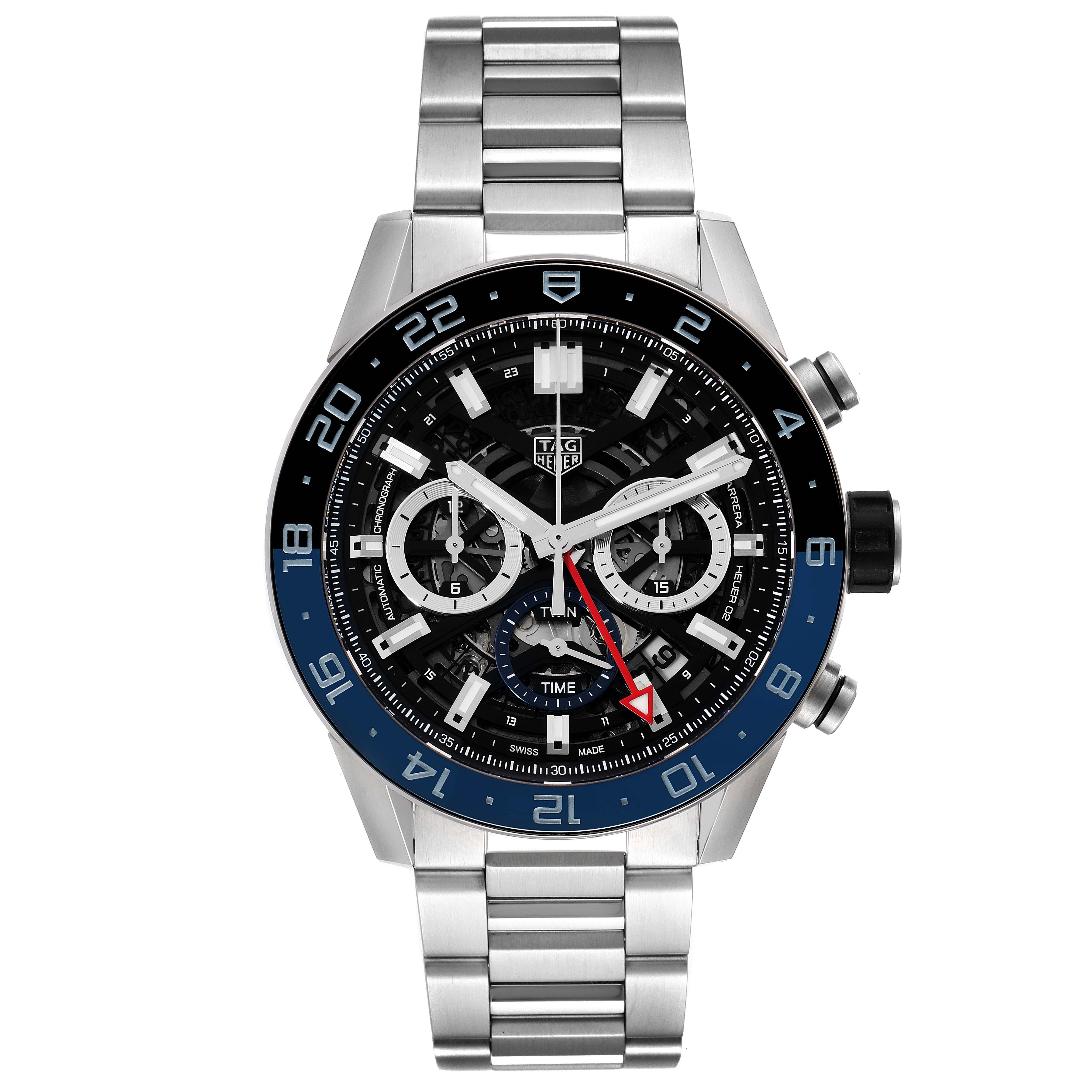 The image shows a front view of a Tag Heuer Carrera CBG2A1Z.BA0658 Men's Stainless Steel Black Dial CBG2A1Z.BA0658 Men's Stainless Steel Black Dial watch, highlighting its face, bezel, and stainless steel bracelet.