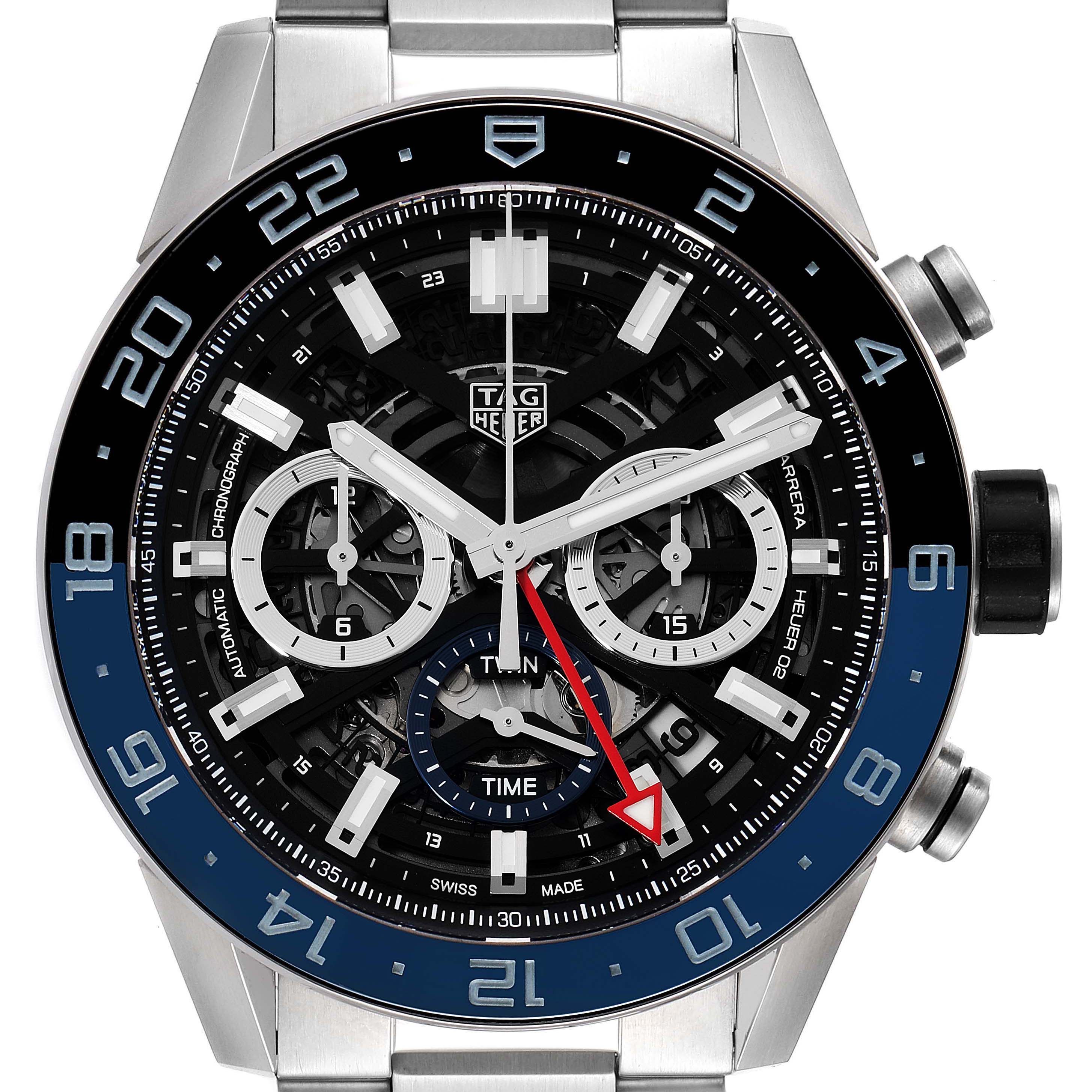 The image shows the Tag Heuer Carrera CBG2A1Z.BA0658 Men's Stainless Steel Black Dial CBG2A1Z.BA0658 Men's Stainless Steel Black Dial model watch from the front, highlighting its face, subdials, and buttons.