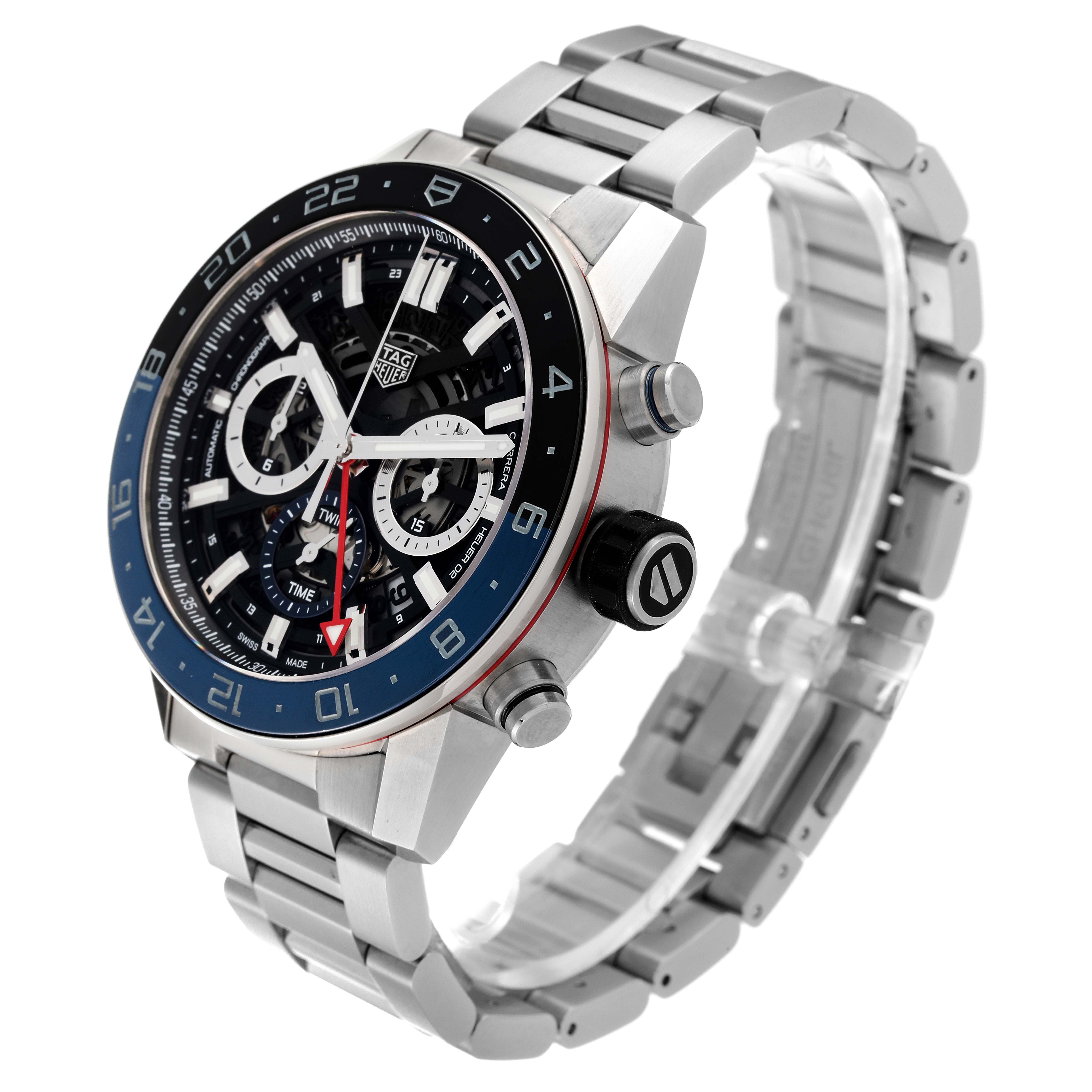 The Tag Heuer Carrera CBG2A1Z.BA0658 Men's Stainless Steel Black Dial CBG2A1Z.BA0658 Men's Stainless Steel Black Dial watch is shown at a three-quarter angle, highlighting the face, bezel, and stainless steel bracelet.