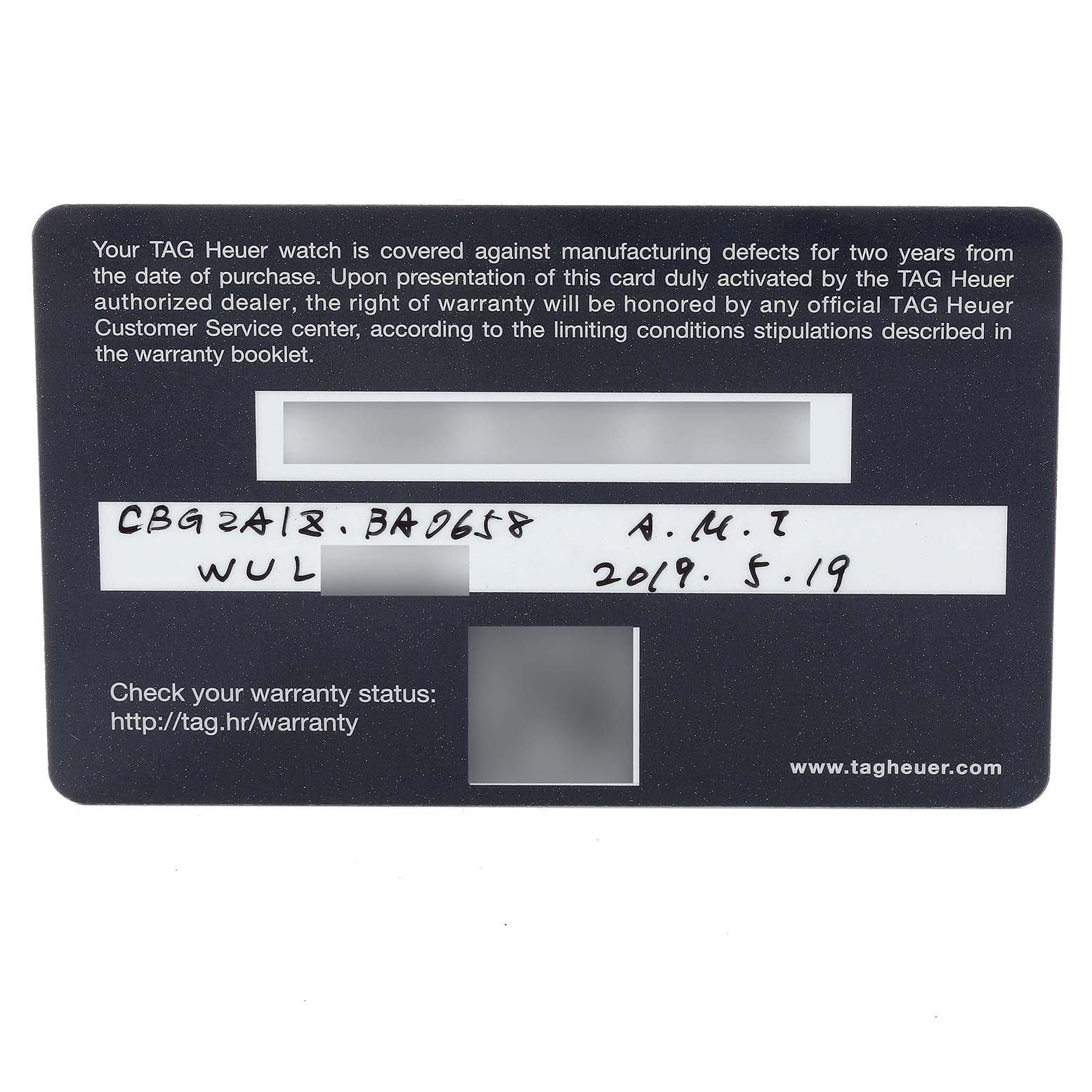 The image shows a warranty card for a Tag Heuer Carrera CBG2A1Z.BA0658 Men's Stainless Steel Black Dial CBG2A1Z.BA0658 Men's Stainless Steel Black Dial watch.