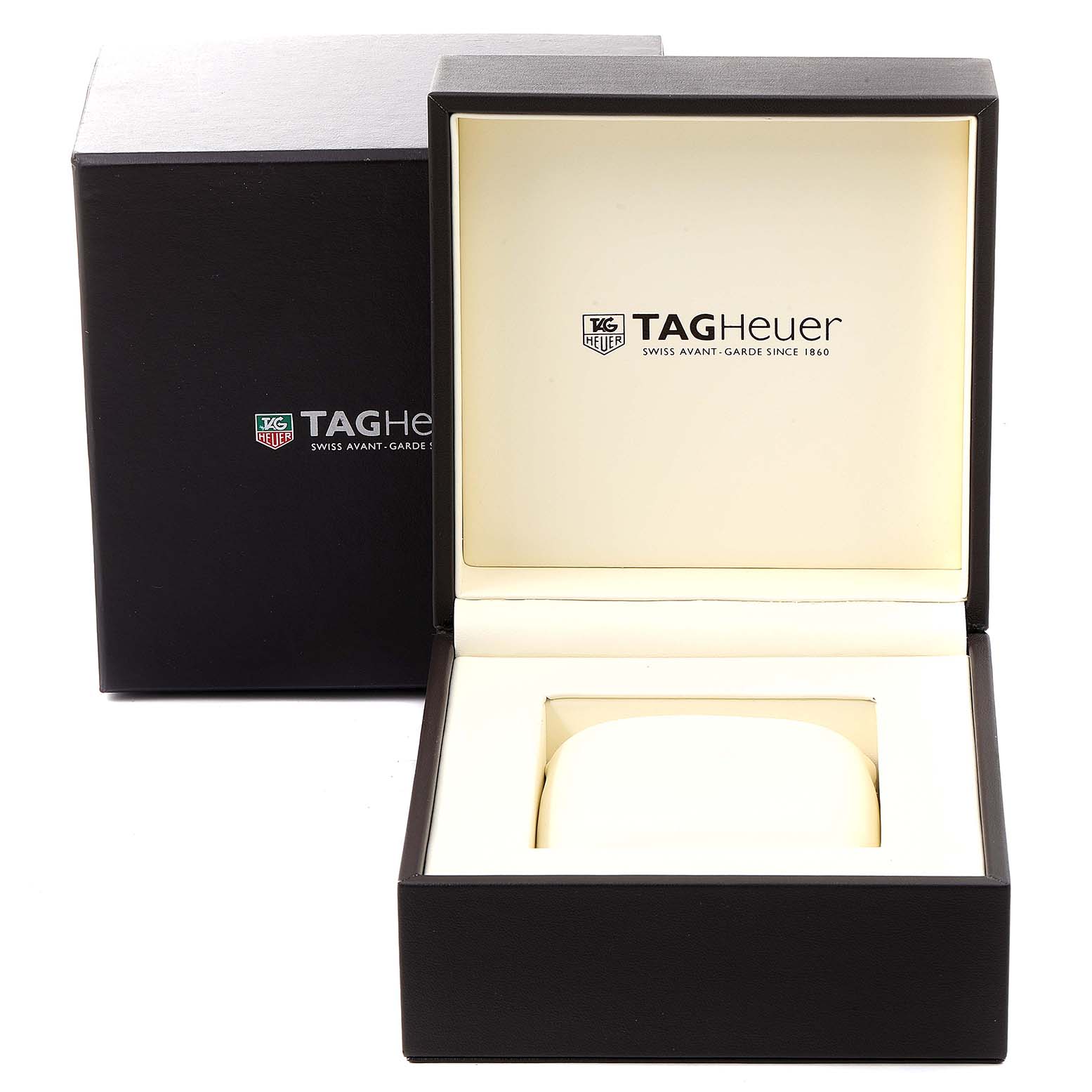 The image shows the box and packaging for the Tag Heuer Link CAT2050.FC6322 Men's Steel and Gold (two tone) Silver Dial CAT2050.FC6322 Men's Steel and Gold (two tone) Silver Dial model watch, displayed open with the cushion inside.
