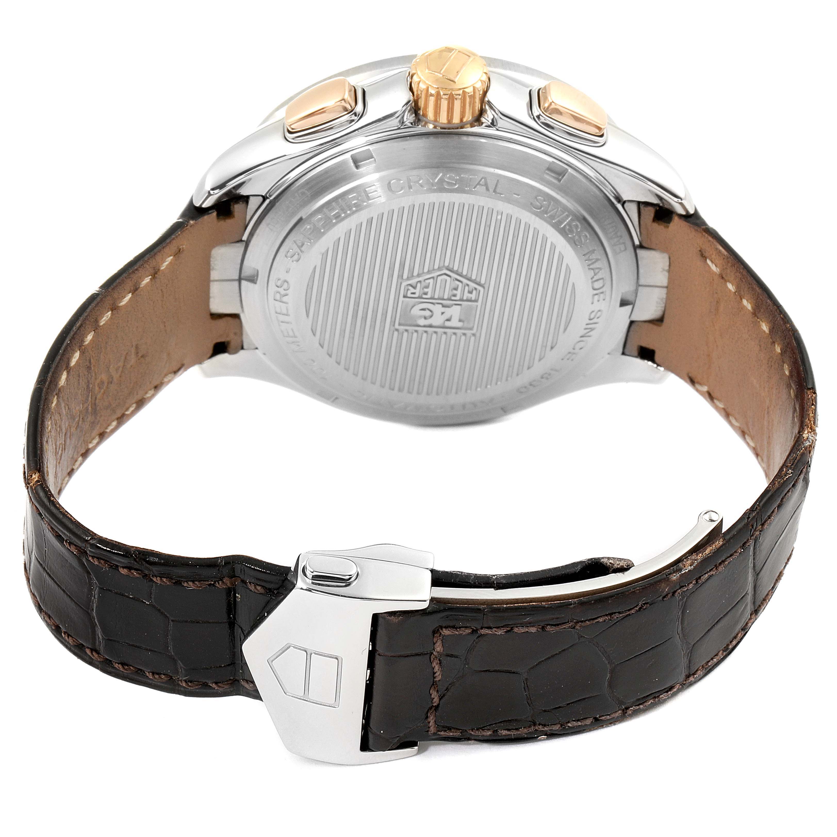 The image shows the back and leather strap of a Tag Heuer Link CAT2050.FC6322 Men's Steel and Gold (two tone) Silver Dial CAT2050.FC6322 Men's Steel and Gold (two tone) Silver Dial model watch, highlighting the clasp and the rear case.