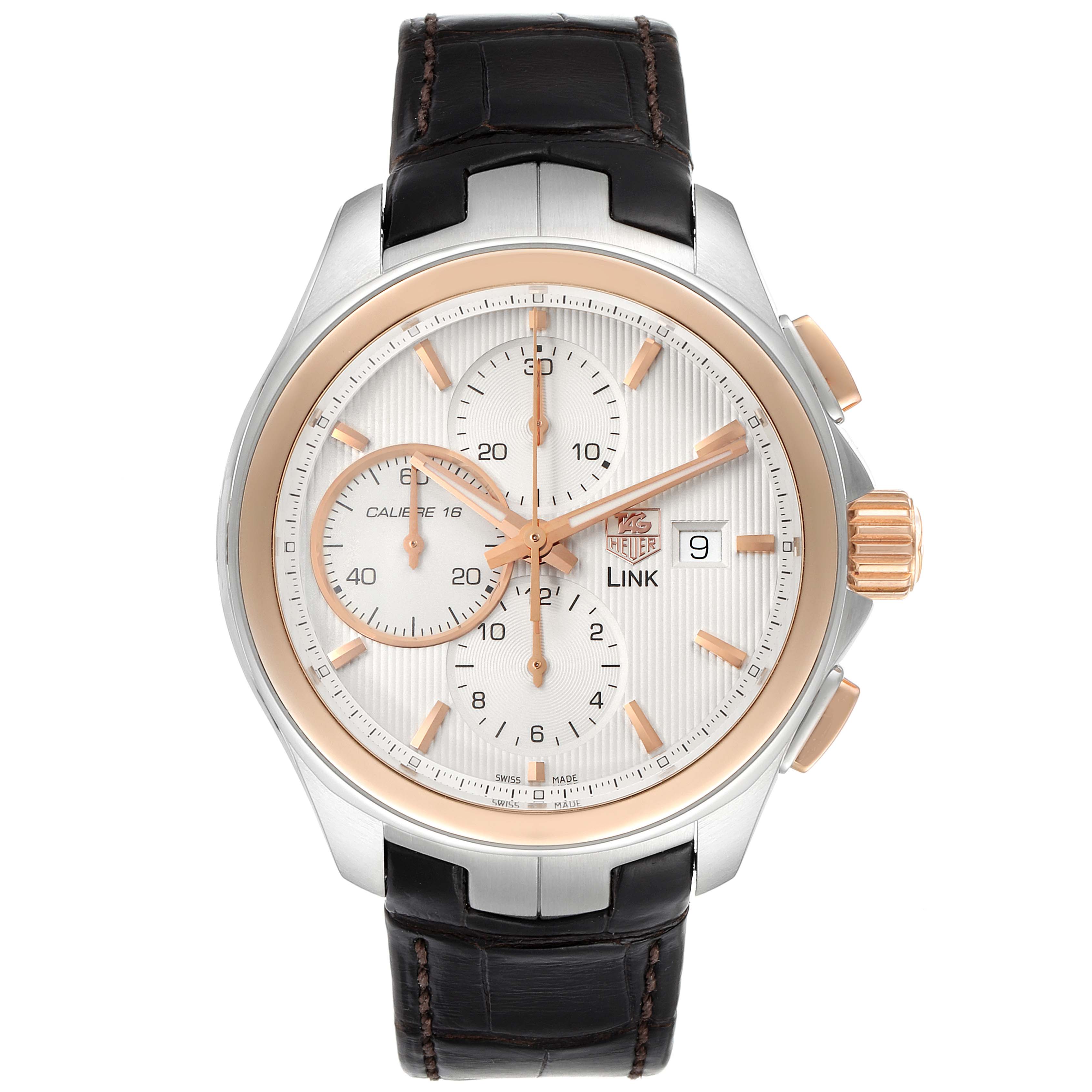 The image shows a Tag Heuer Link CAT2050.FC6322 Men's Steel and Gold (two tone) Silver Dial CAT2050.FC6322 Men's Steel and Gold (two tone) Silver Dial model watch from a top-down view, displaying the dial, bezel, crown, and leather strap.
