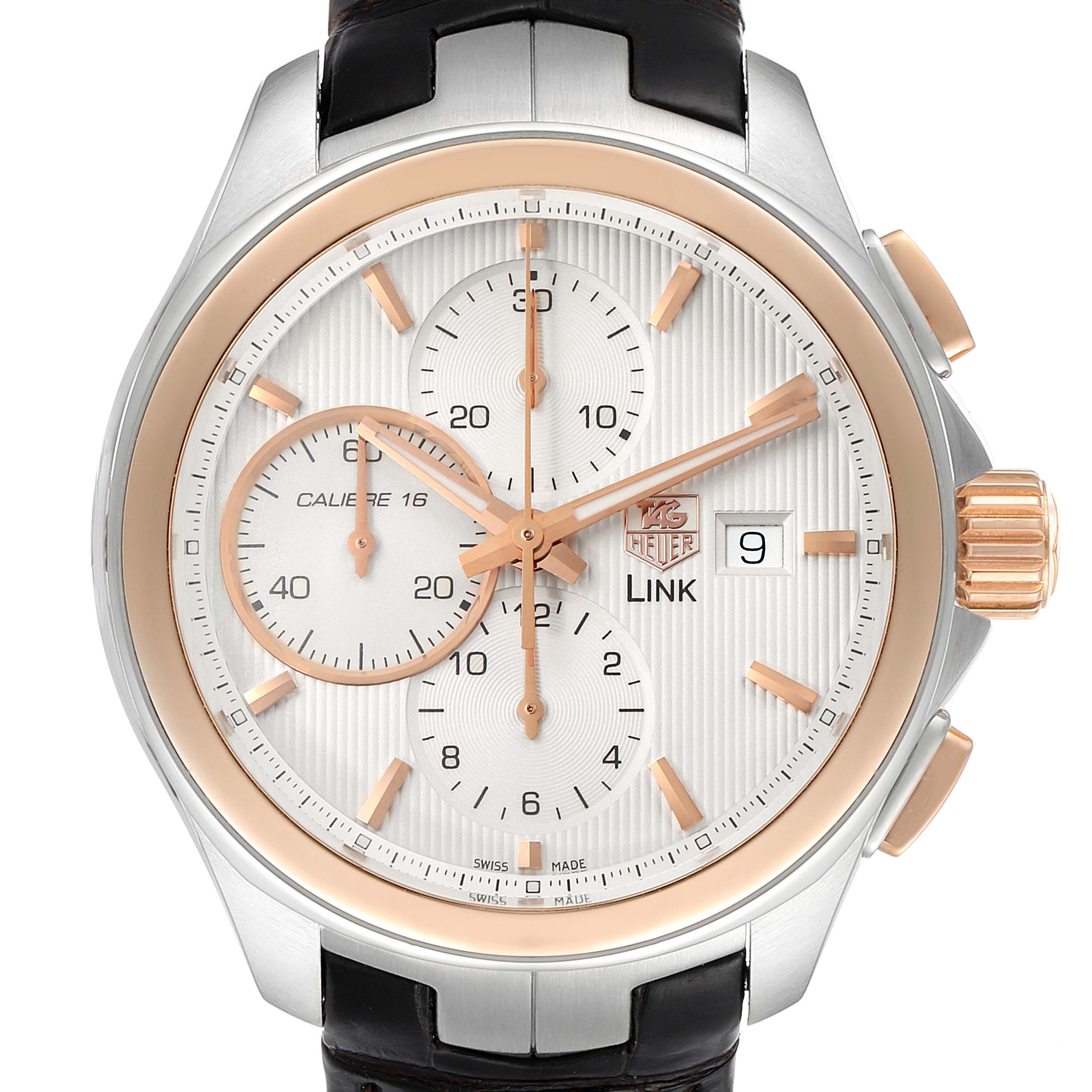 The image shows a frontal view of the Tag Heuer Link CAT2050.FC6322 Men's Steel and Gold (two tone) Silver Dial CAT2050.FC6322 Men's Steel and Gold (two tone) Silver Dial model watch, highlighting its dial, sub-dials, date window, and crown.