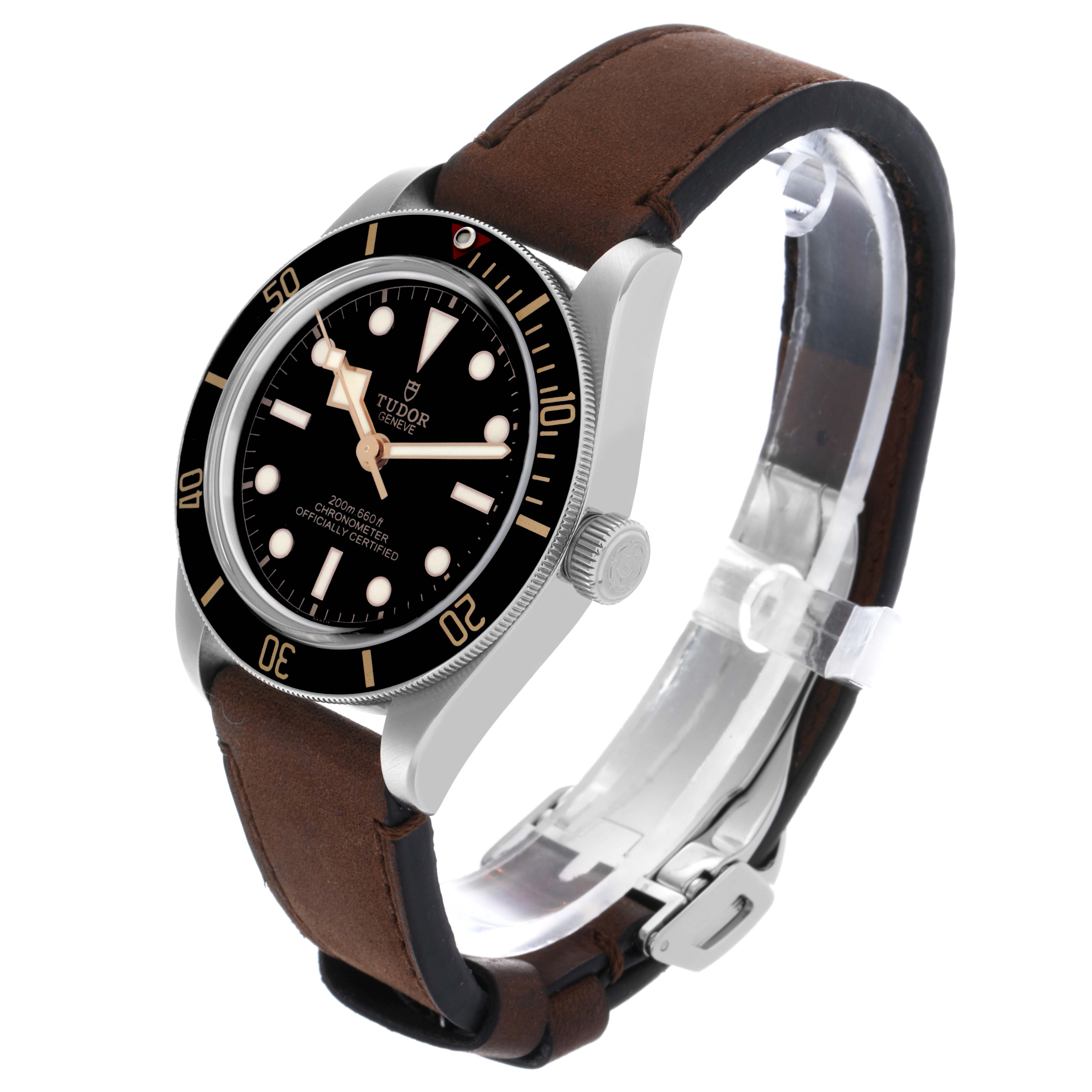 The Tudor Heritage Black Bay 79030N-0002 Men's Stainless Steel Black Dial 79030N-0002 Men's Stainless Steel Black Dial is shown at a slight angle, displaying the dial, bezel, crown, and leather strap.