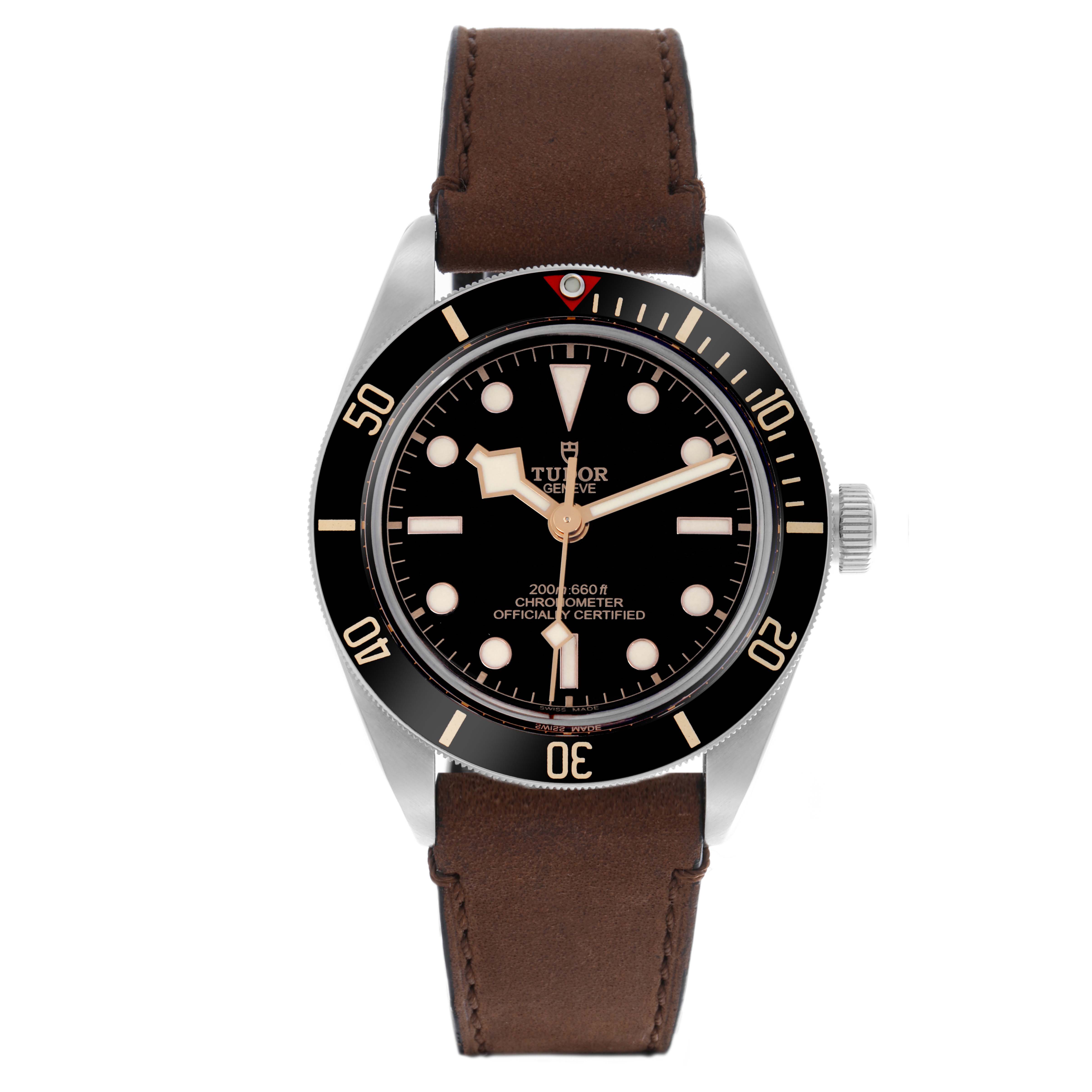 The Tudor Heritage Black Bay 79030N-0002 Men's Stainless Steel Black Dial 79030N-0002 Men's Stainless Steel Black Dial watch is shown from a front view, highlighting its case, bezel, dial, and leather strap.