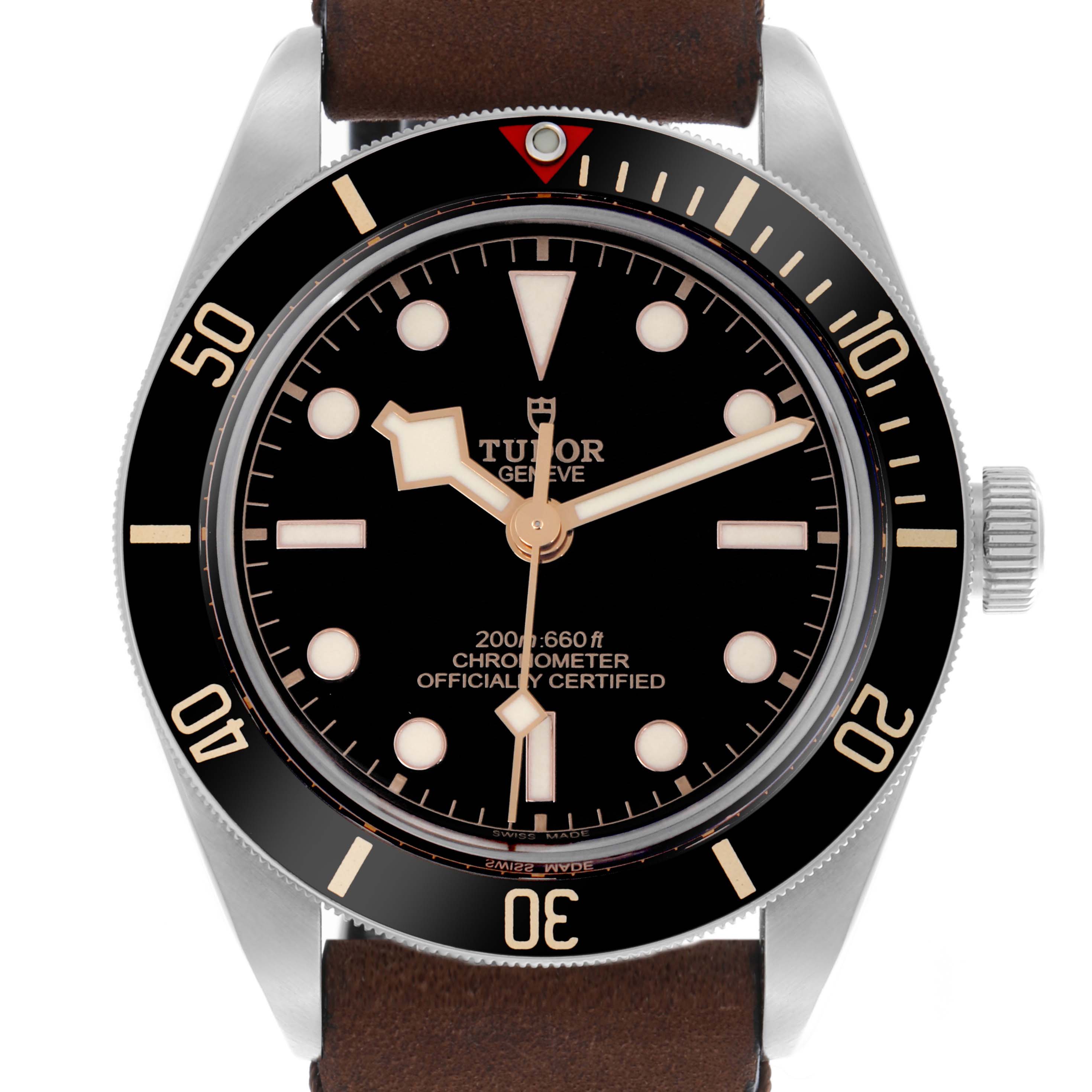 The image shows a front view of the Tudor Heritage Black Bay 79030N-0002 Men's Stainless Steel Black Dial 79030N-0002 Men's Stainless Steel Black Dial, highlighting the bezel, dial, hands, and crown with a brown strap.