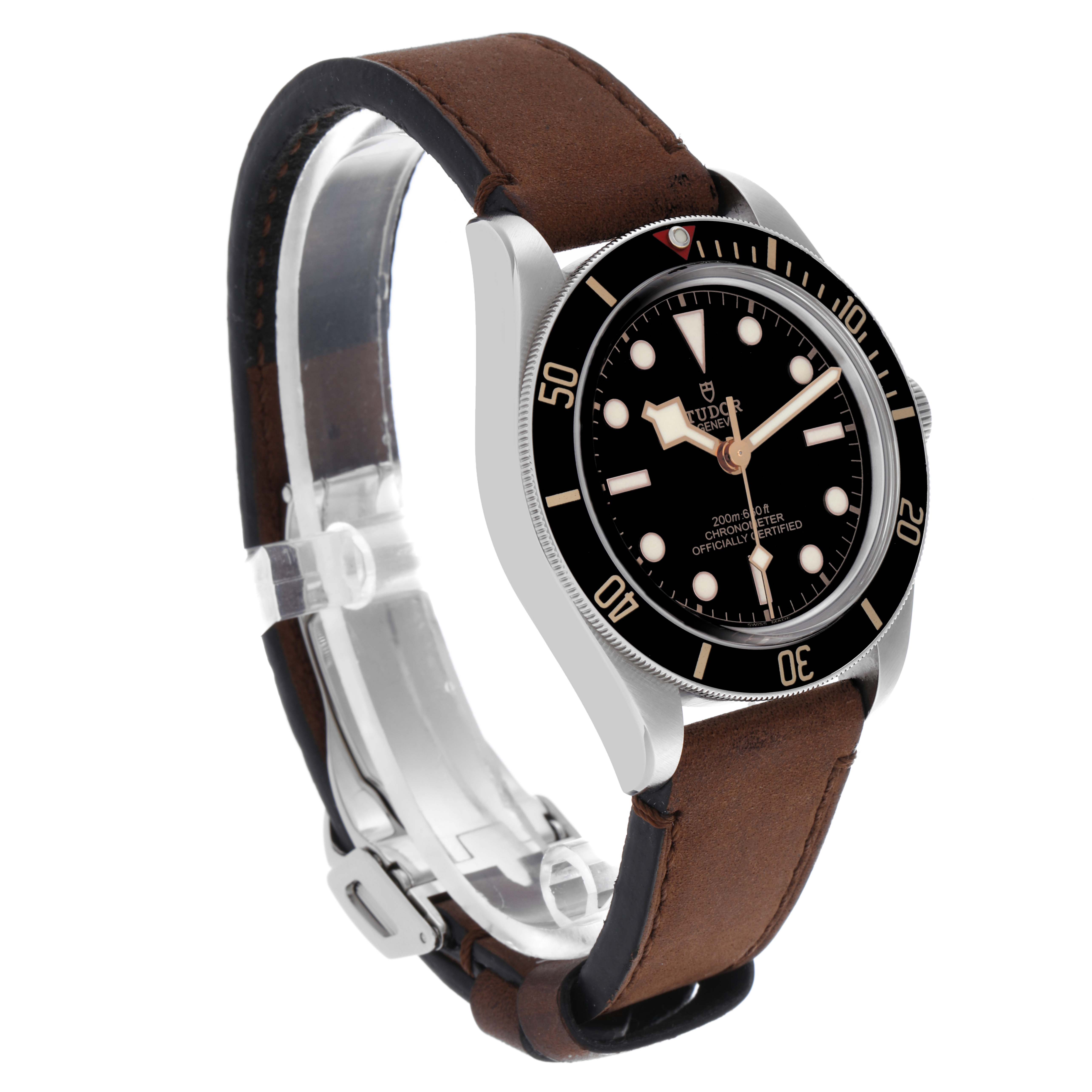 The Tudor Heritage Black Bay 79030N-0002 Men's Stainless Steel Black Dial 79030N-0002 Men's Stainless Steel Black Dial watch is shown at a slight side angle, displaying the dial, bezel, and leather strap.