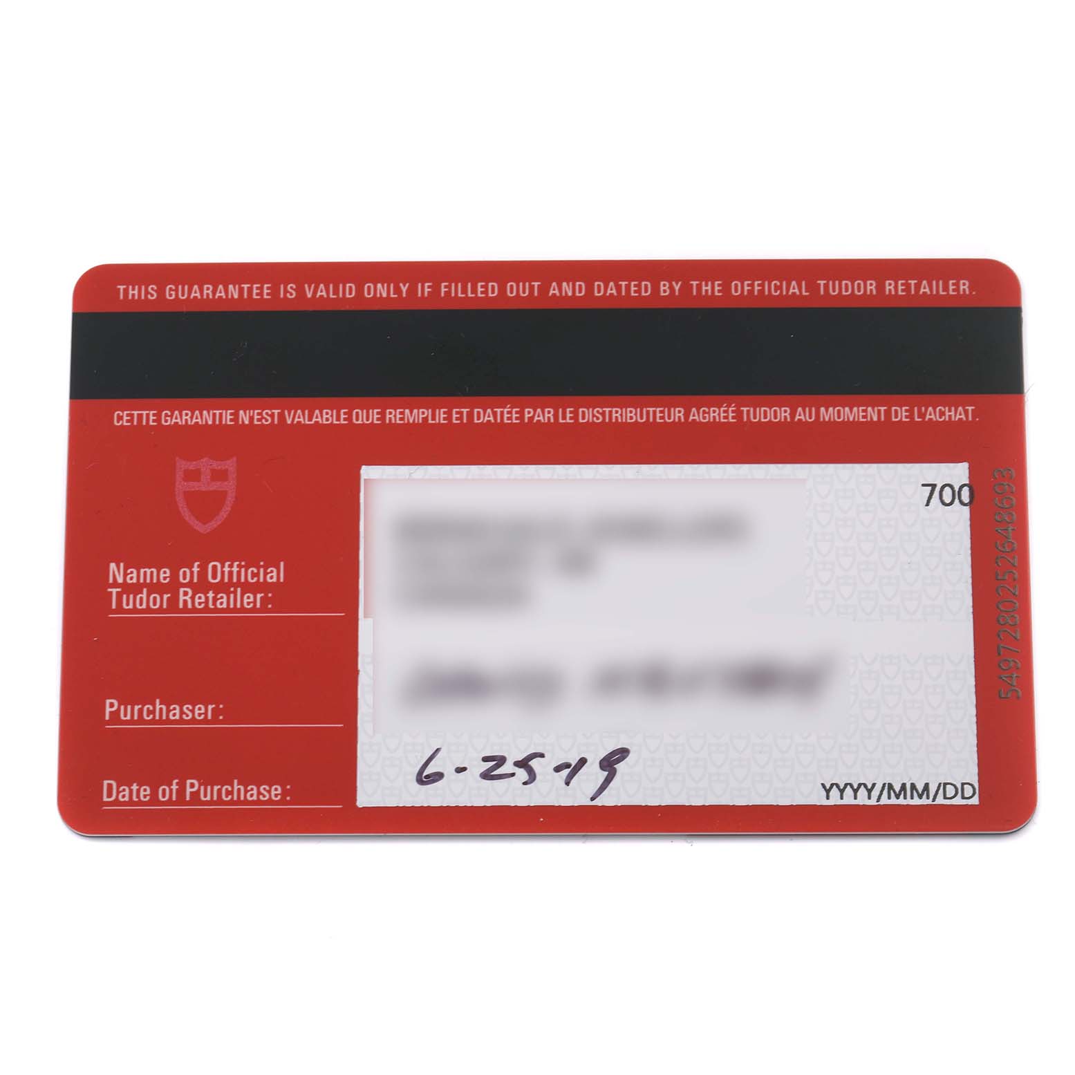 The image shows a warranty card for the Tudor Heritage Black Bay 79030N-0002 Men's Stainless Steel Black Dial 79030N-0002 Men's Stainless Steel Black Dial watch.