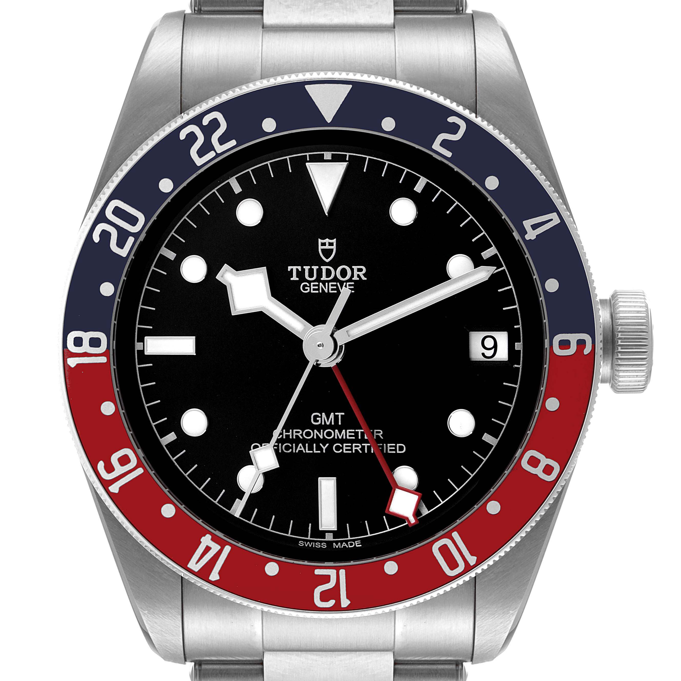 This image shows a front view of the Tudor Heritage Black Bay 79830RB Men
s Stainless Steel Black Dial 79830RB Men
s Stainless Steel Black Dial GMT watch, detailing its bezel, dial, and crown.