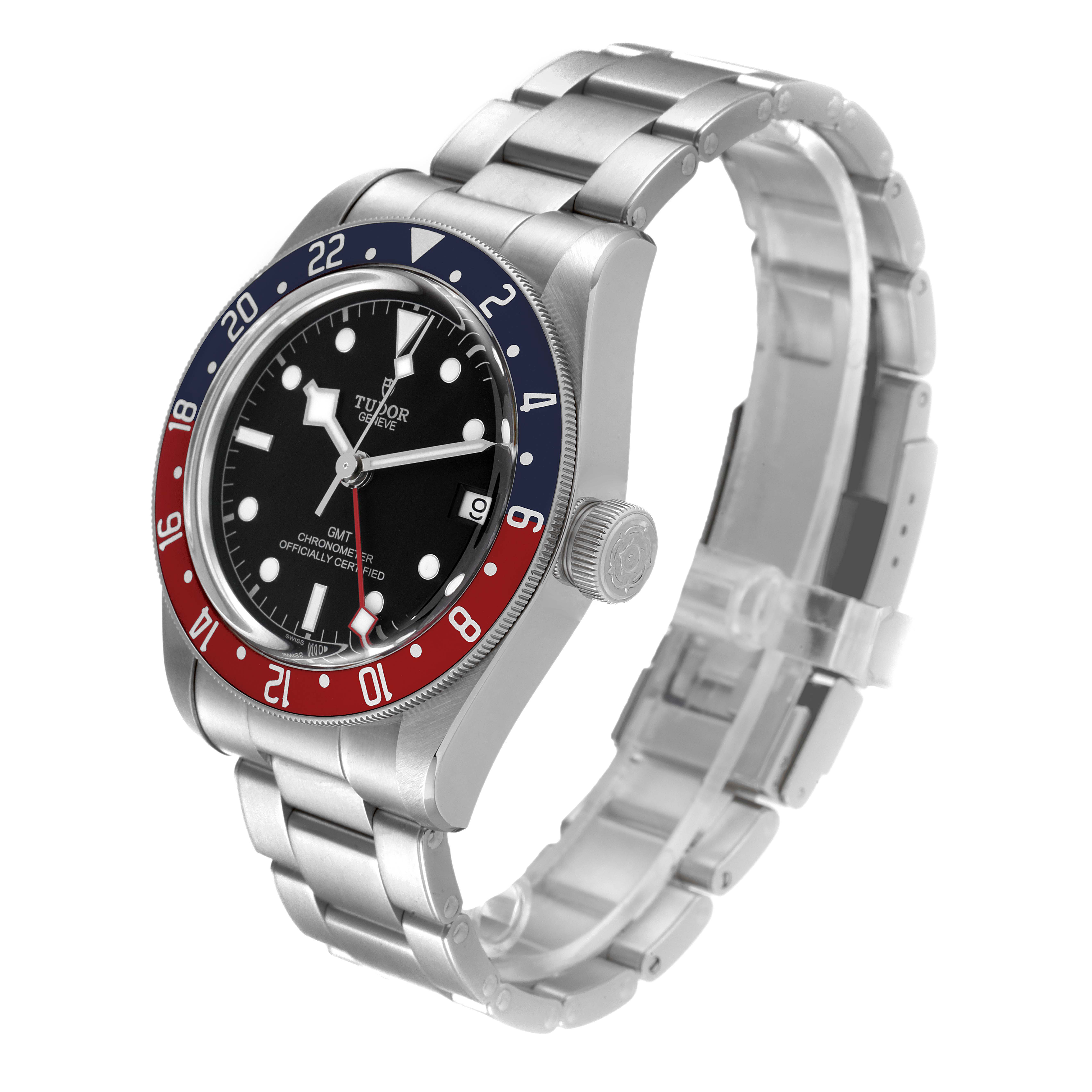 This image shows a Heritage Black Bay model by Tudor from an angled front view, displaying the dial, bezel, and bracelet.