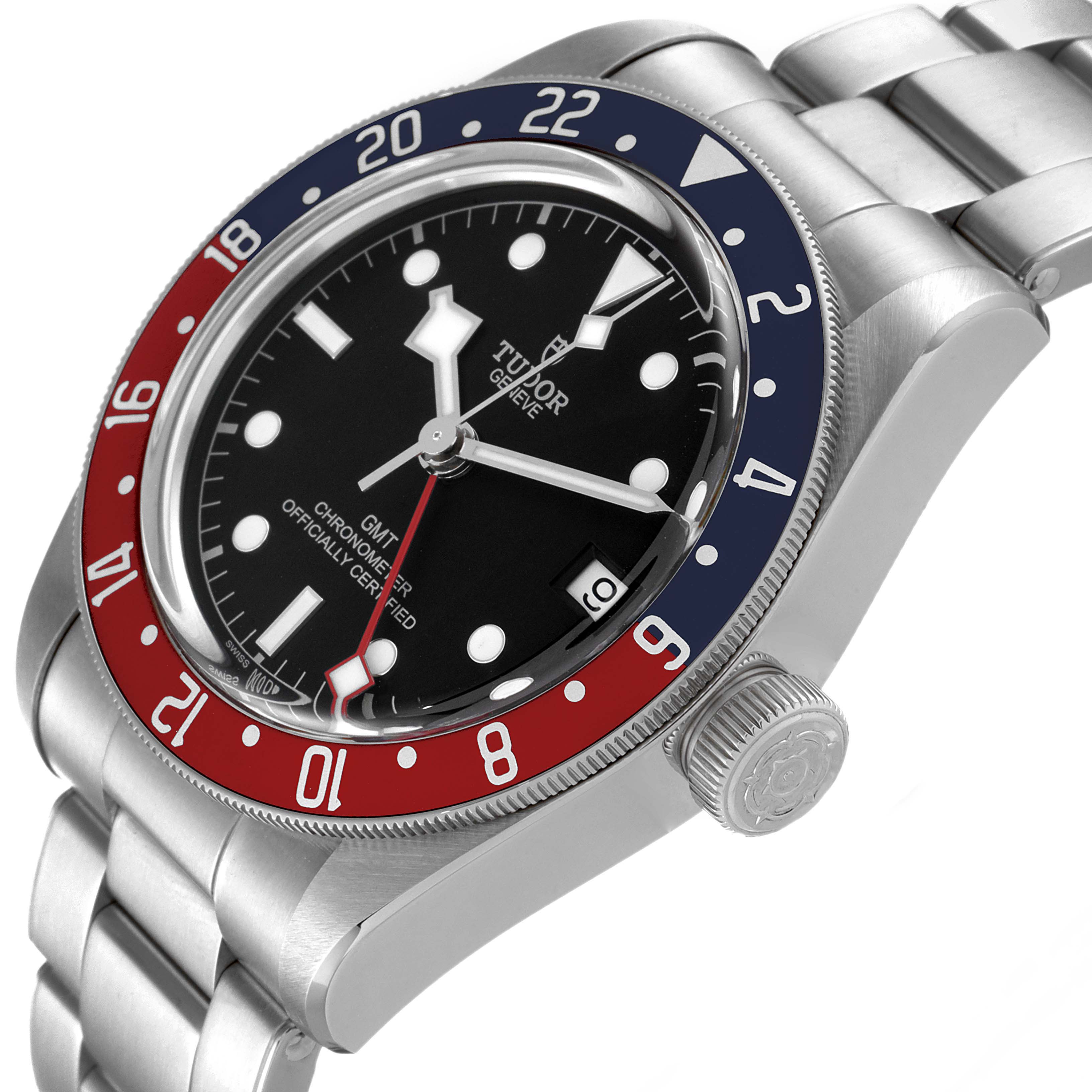 The image shows a side angle of the Tudor Heritage Black Bay 79830RB Men
s Stainless Steel Black Dial 79830RB Men
s Stainless Steel Black Dial watch, highlighting the face, bezel, crown, and bracelet.