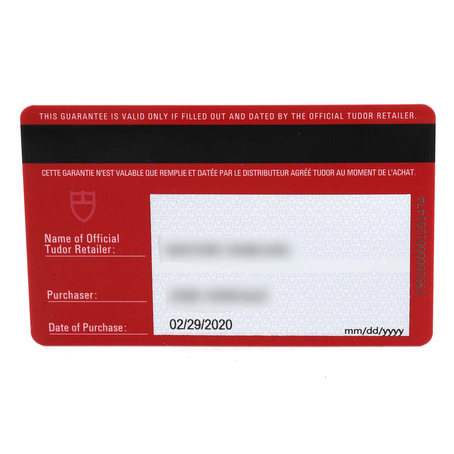 This image shows the warranty card for the Tudor Heritage Black Bay 79830RB Men
s Stainless Steel Black Dial 79830RB Men
s Stainless Steel Black Dial watch, featuring the purchase date and retailer information.