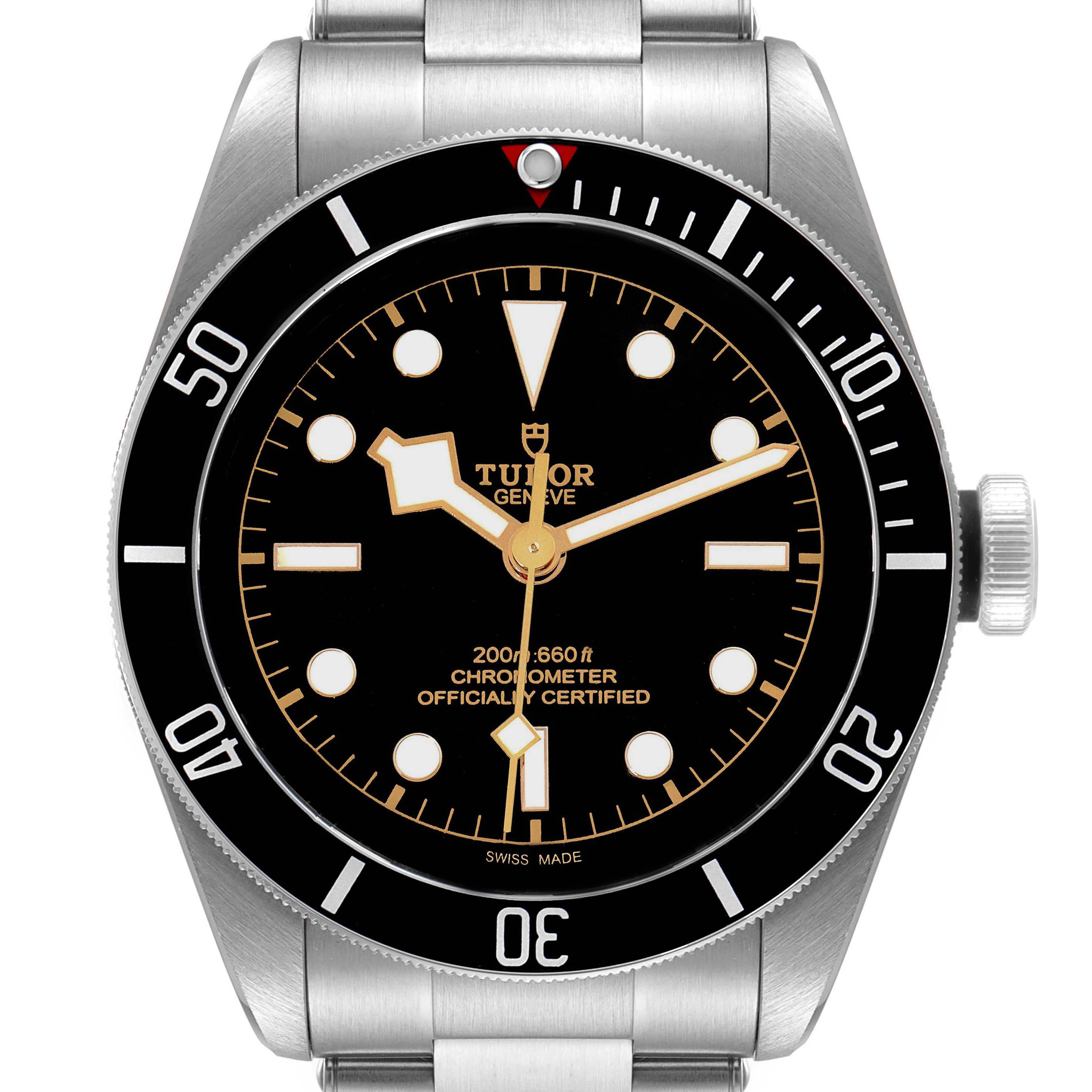 The image shows a front view of the Tudor Heritage Black Bay 79230 Men's Stainless Steel Black Dial 79230 Men's Stainless Steel Black Dial watch, including the bezel, dial, hands, and part of the bracelet.