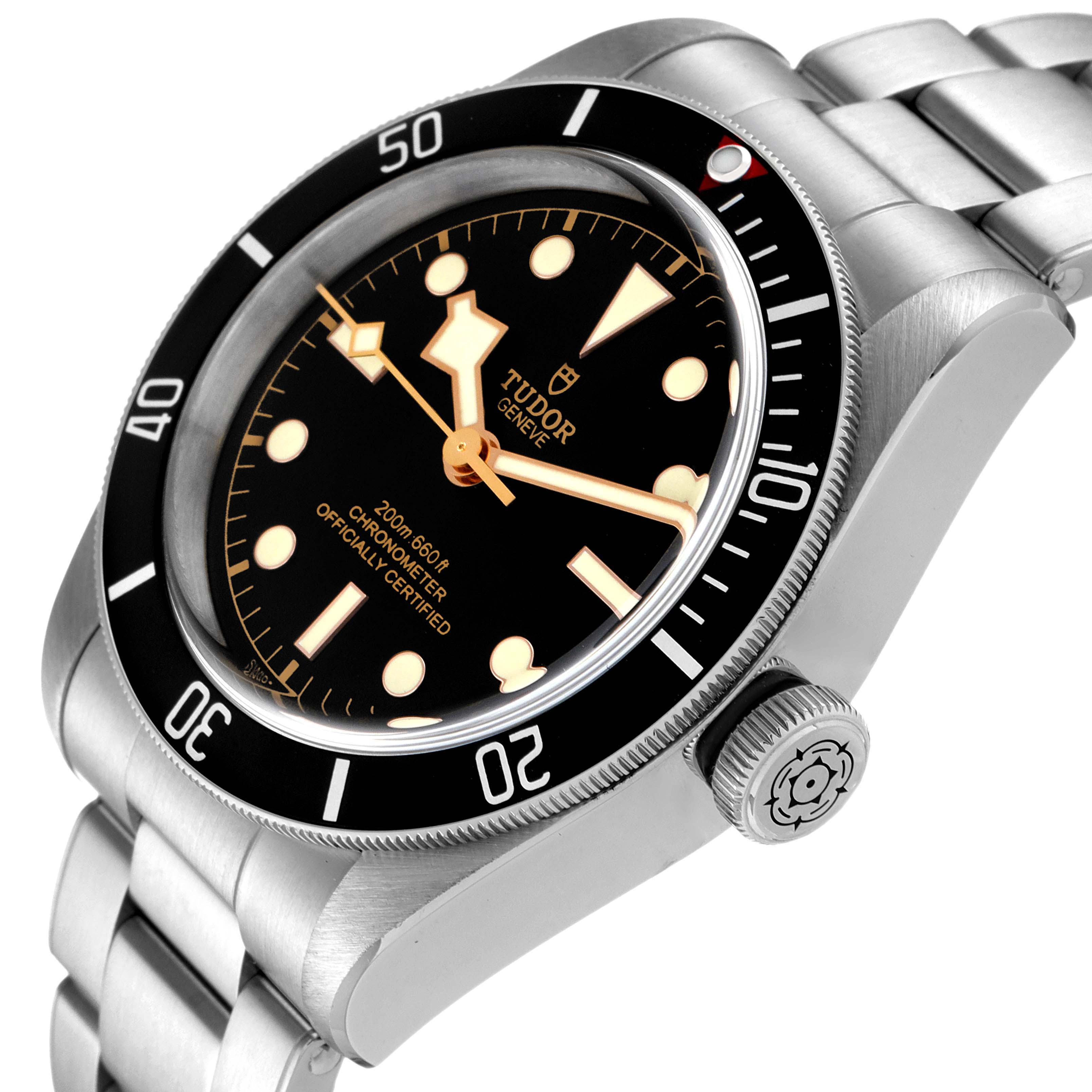 The image shows a side angle of the Tudor Heritage Black Bay 79230 Men's Stainless Steel Black Dial 79230 Men's Stainless Steel Black Dial watch, highlighting the dial, bezel, crown, and part of the bracelet.