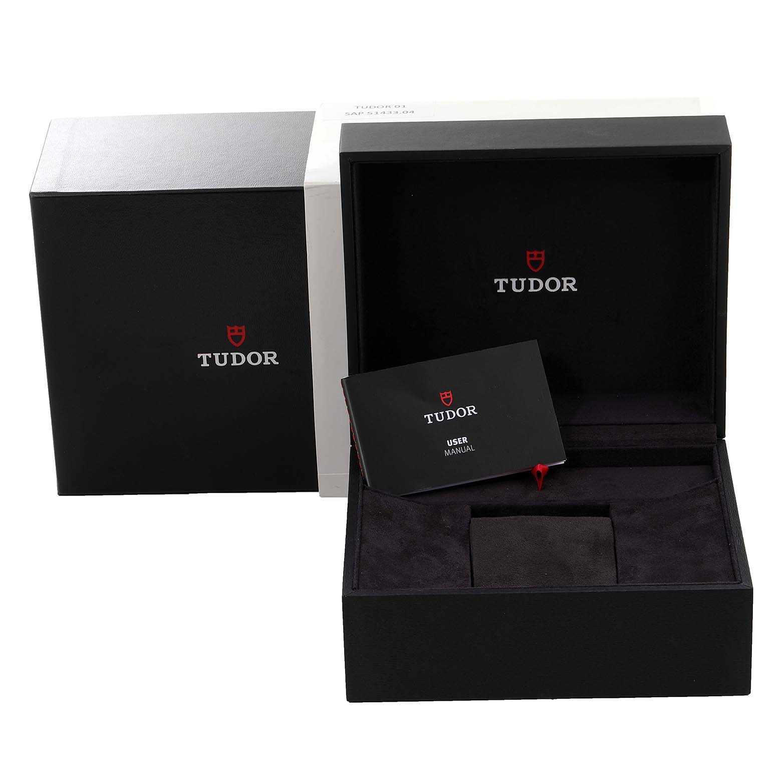 The image shows the open box, outer cardboard box, and user manual for the Tudor Heritage Black Bay 79230 Men's Stainless Steel Black Dial 79230 Men's Stainless Steel Black Dial watch.