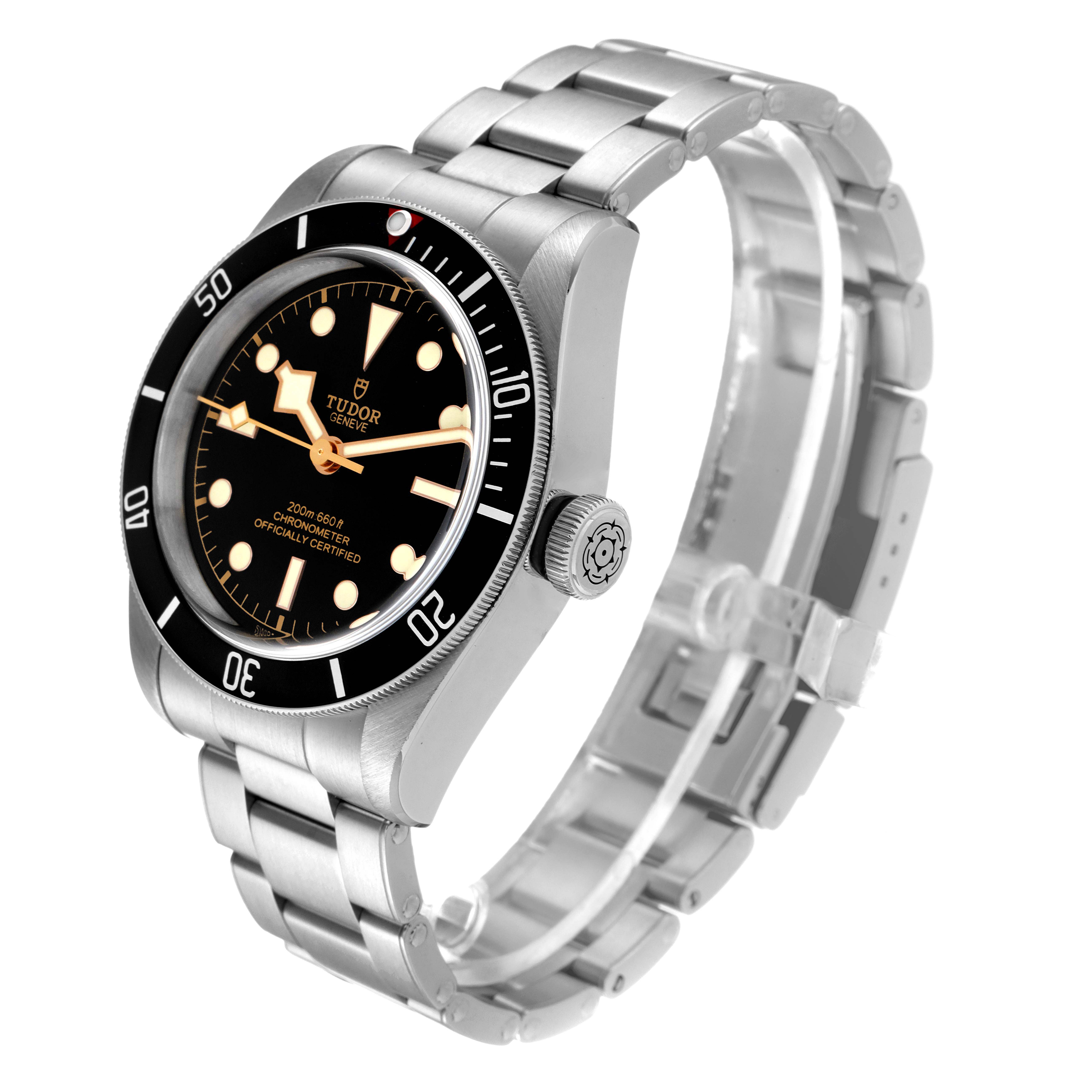 The Tudor Heritage Black Bay 79230 Men's Stainless Steel Black Dial 79230 Men's Stainless Steel Black Dial watch is shown from an angled side view, displaying its dial, bezel, crown, and bracelet.
