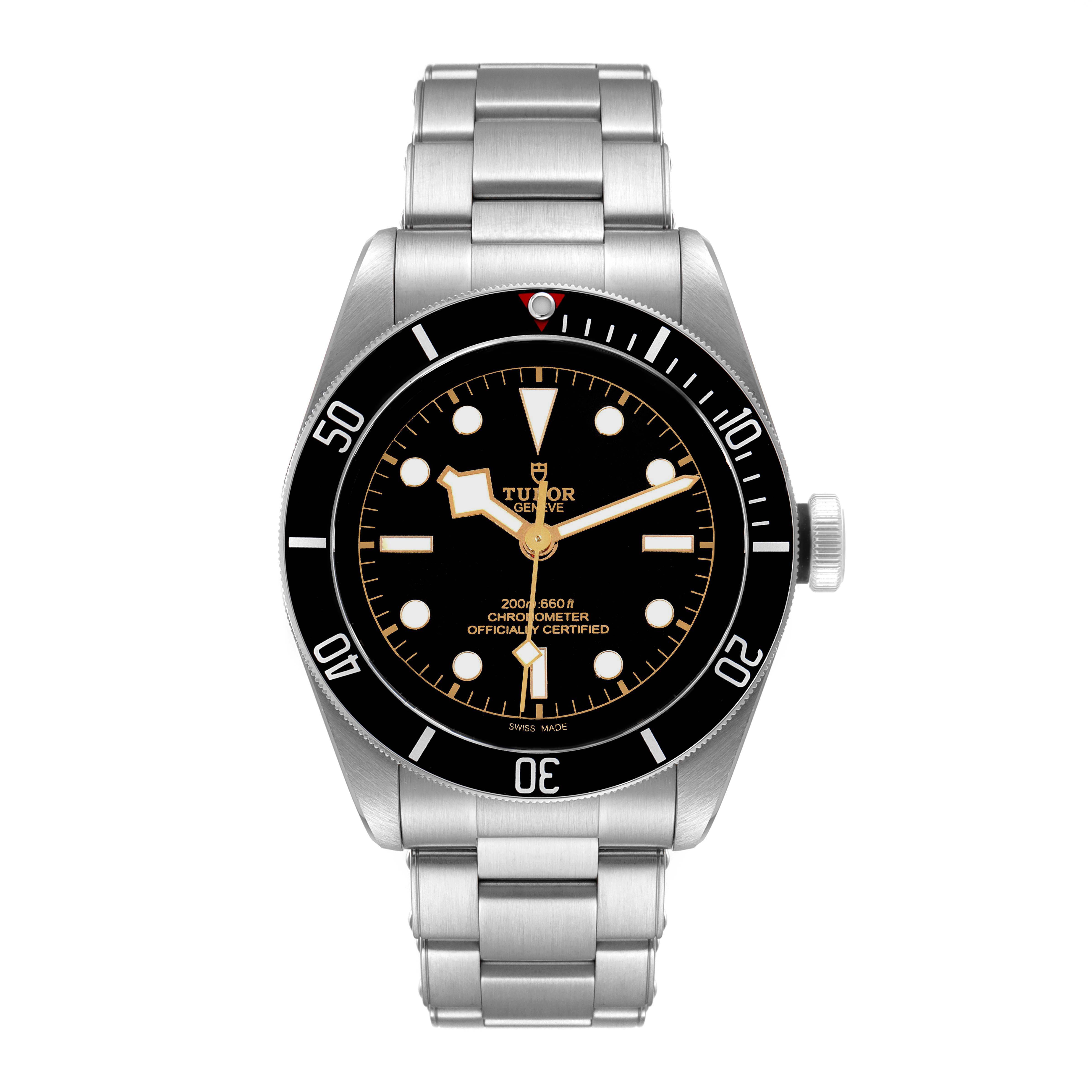 This image shows a front view of the Tudor Heritage Black Bay 79230 Men's Stainless Steel Black Dial 79230 Men's Stainless Steel Black Dial watch, highlighting the dial, bezel, and bracelet.