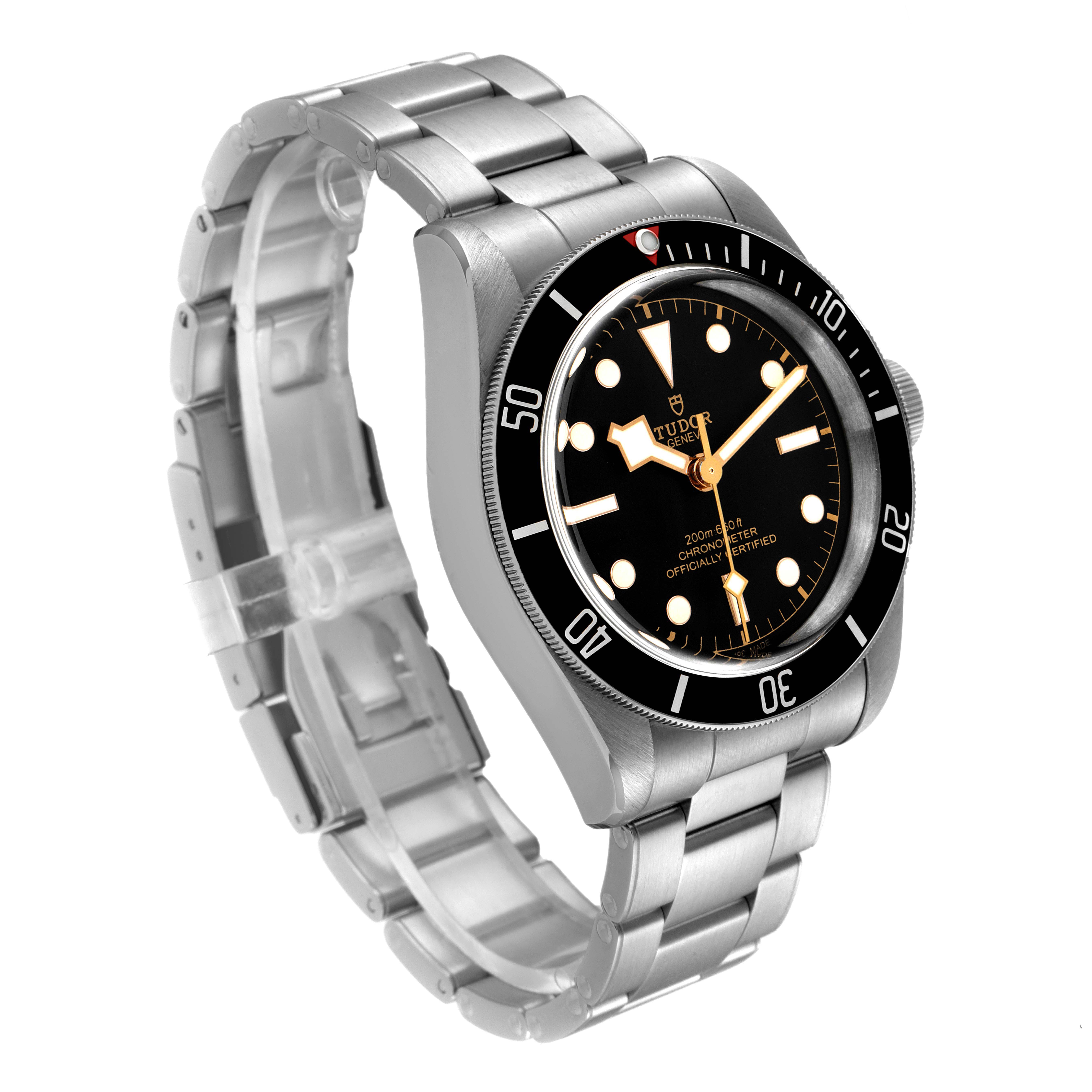 The image shows a Tudor Heritage Black Bay 79230 Men's Stainless Steel Black Dial 79230 Men's Stainless Steel Black Dial watch angled to display its face, bezel, case, and bracelet.