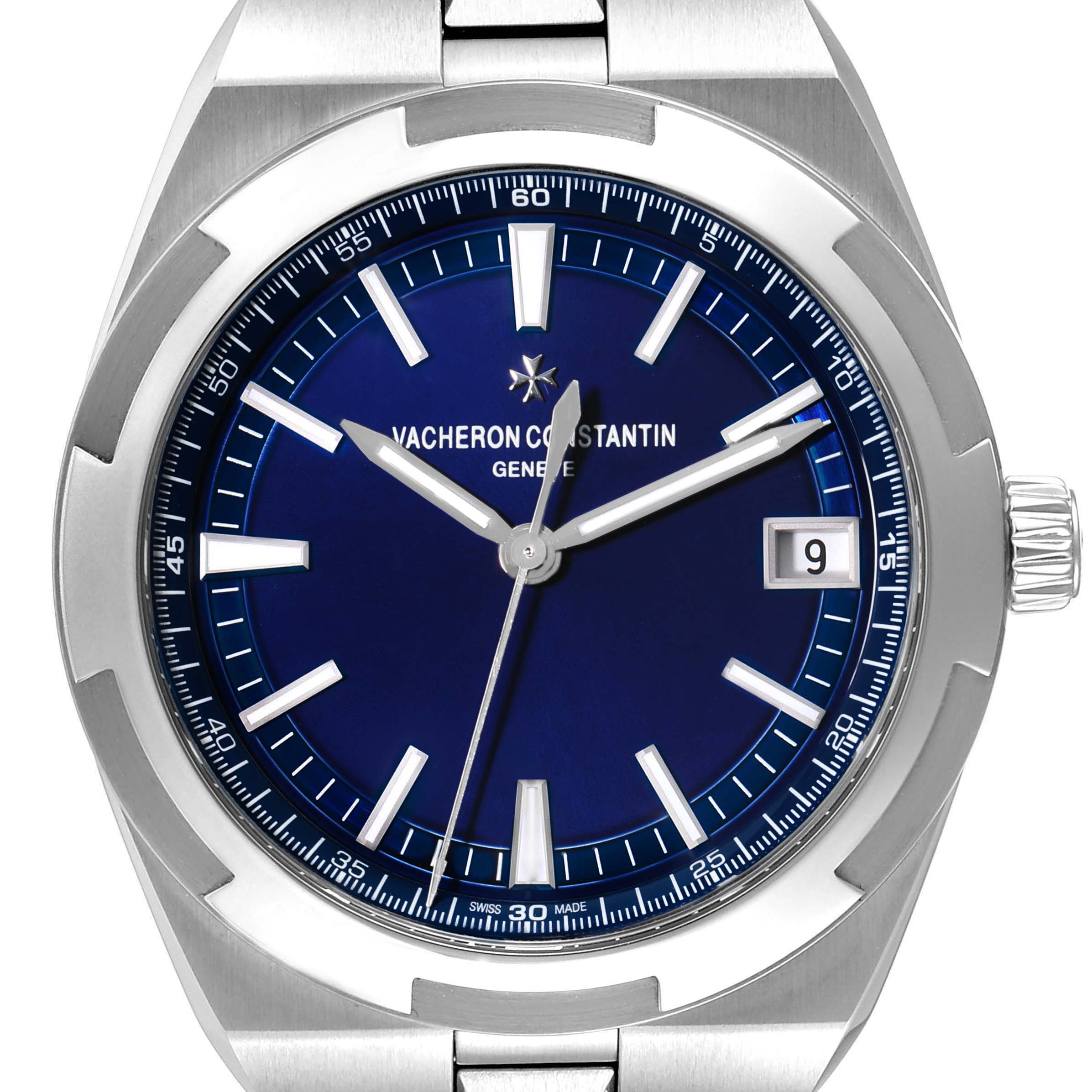 The image shows a front view of the Vacheron Constantin Overseas 4500V/110A-B128 Men's Stainless Steel Blue Dial 4500V/110A-B128 Men's Stainless Steel Blue Dial model watch, highlighting its dial, bezel, crown, and part of the bracelet.