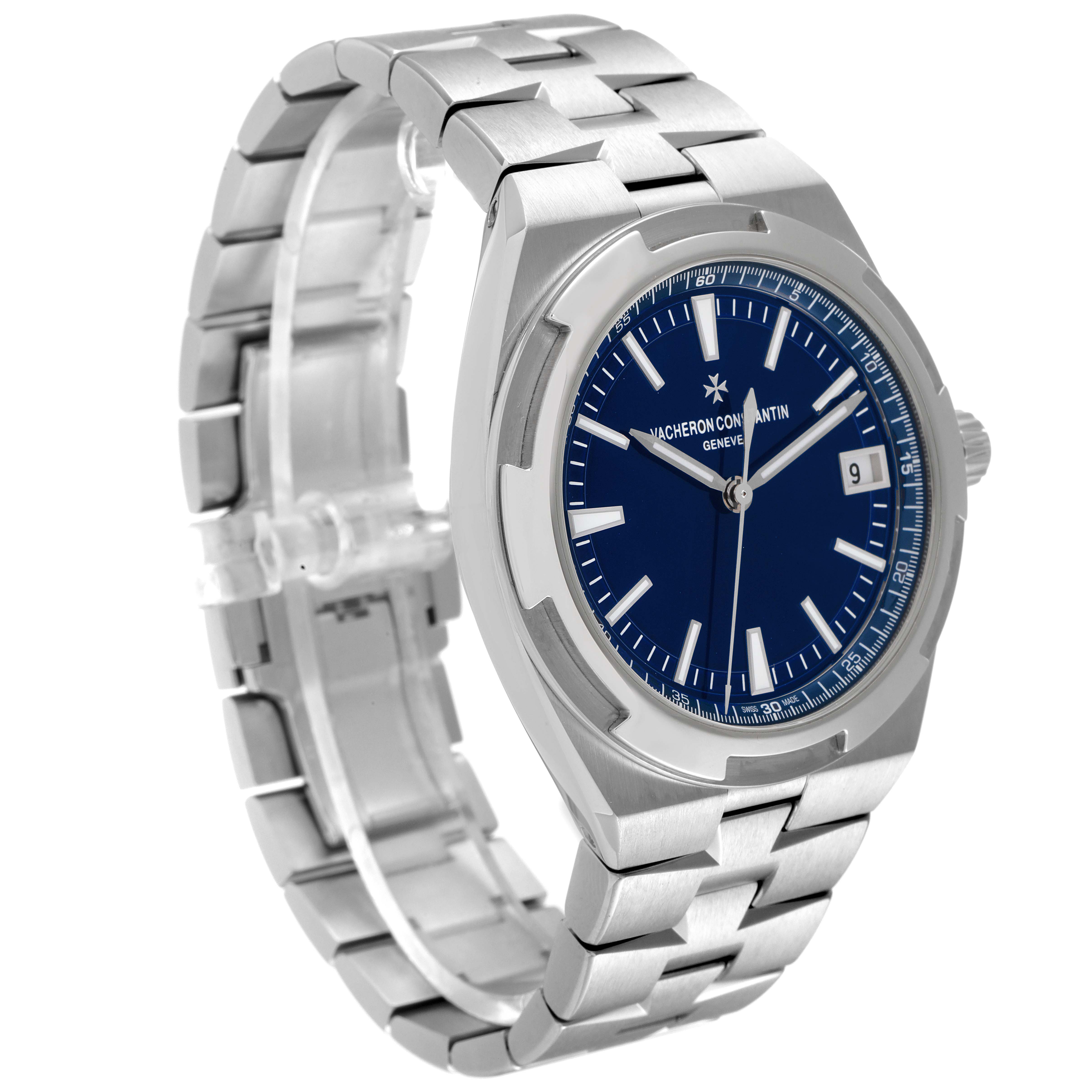 The image shows a Vacheron Constantin Overseas 4500V/110A-B128 Men's Stainless Steel Blue Dial 4500V/110A-B128 Men's Stainless Steel Blue Dial watch from an angled front view, highlighting its blue dial and stainless steel bracelet.