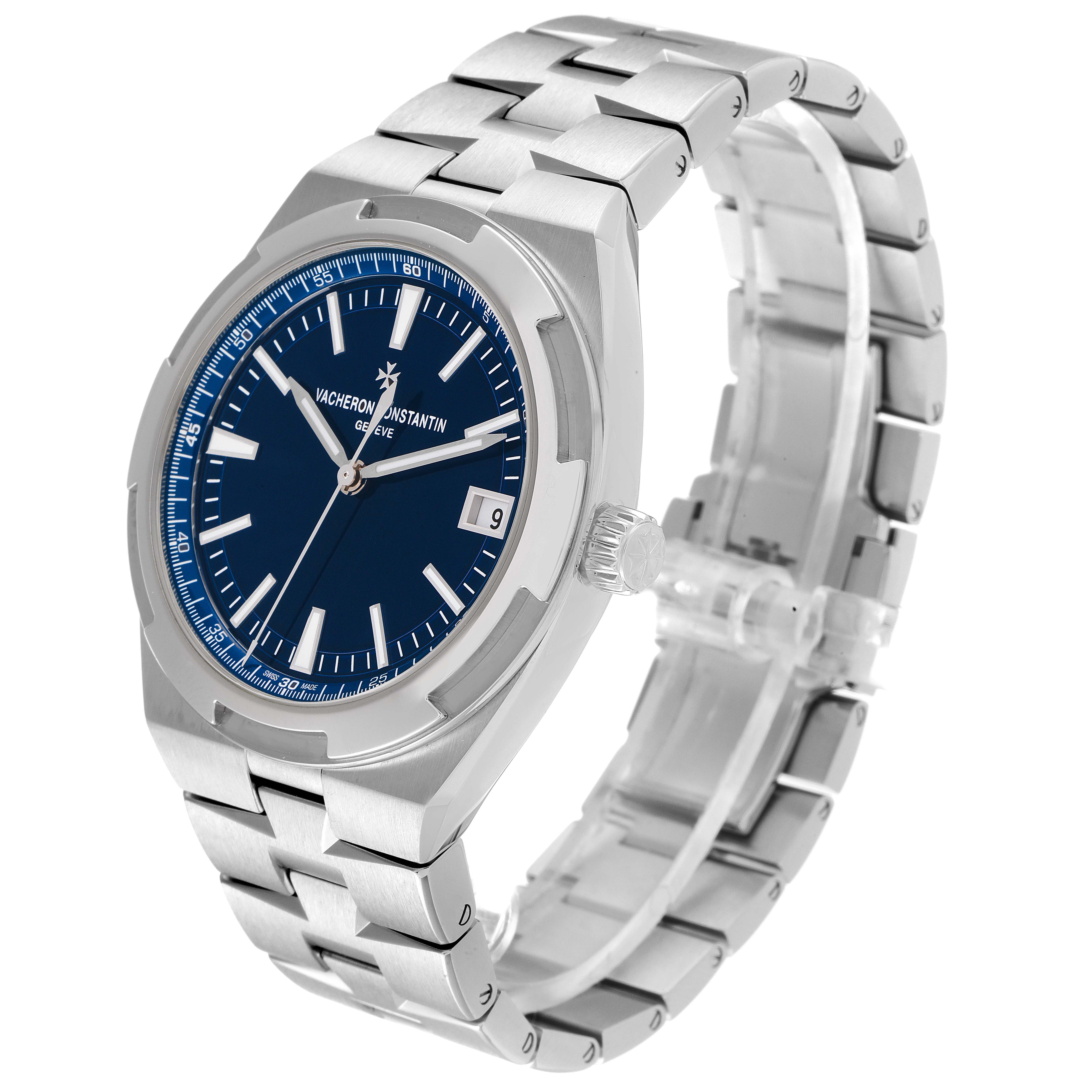 The Vacheron Constantin Overseas 4500V/110A-B128 Men's Stainless Steel Blue Dial 4500V/110A-B128 Men's Stainless Steel Blue Dial watch is shown at a slight angle, displaying the face, dial, crown, and metal bracelet.